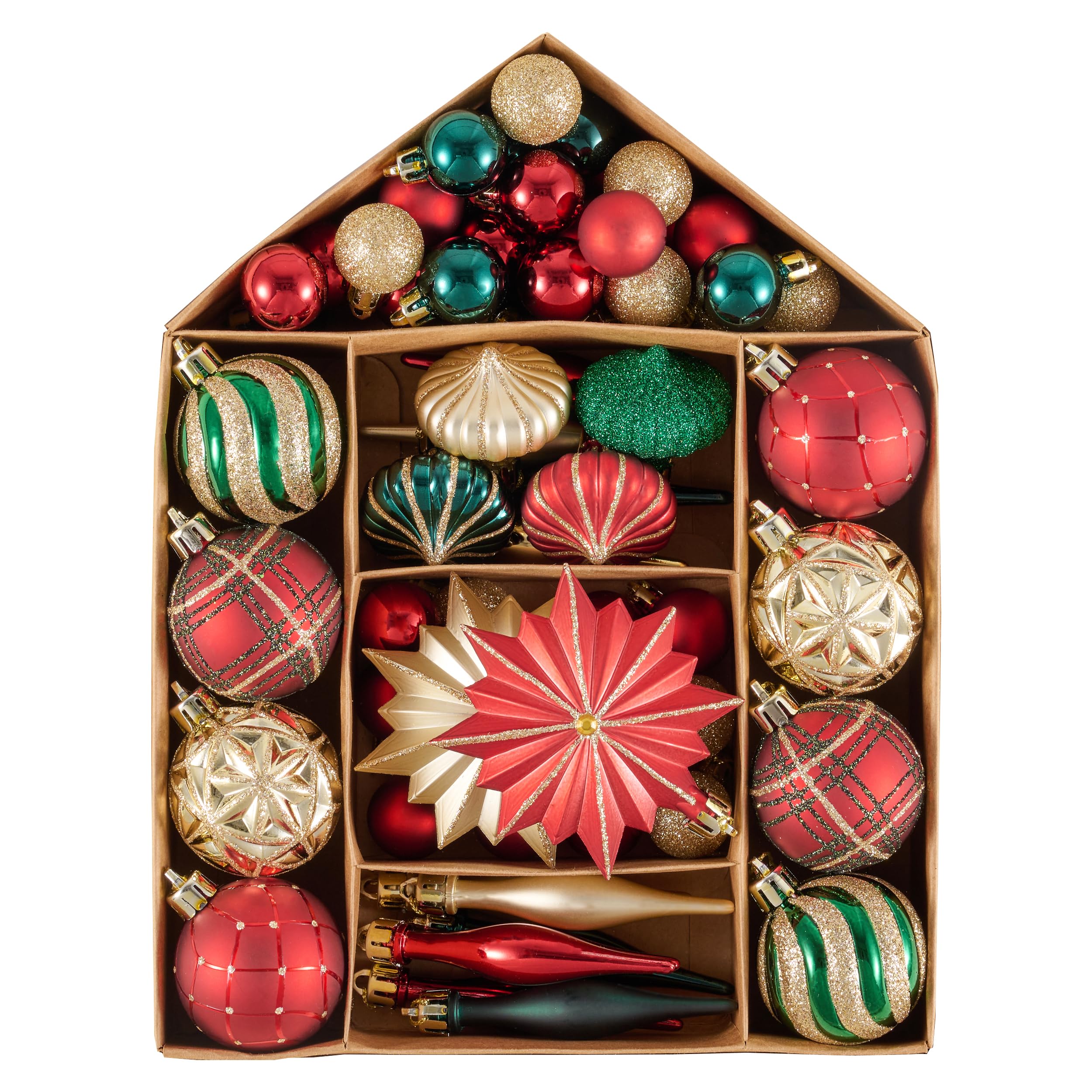 Valery Madelyn Weihnachtskugeln 70 Stück Kunststoff Christbaumkugeln,Christbaumschmuck hängend Glänzend Glitzernd Matt Weihnachtsbaumschmuck Dekoration Thema Rot Grün Gold(M)