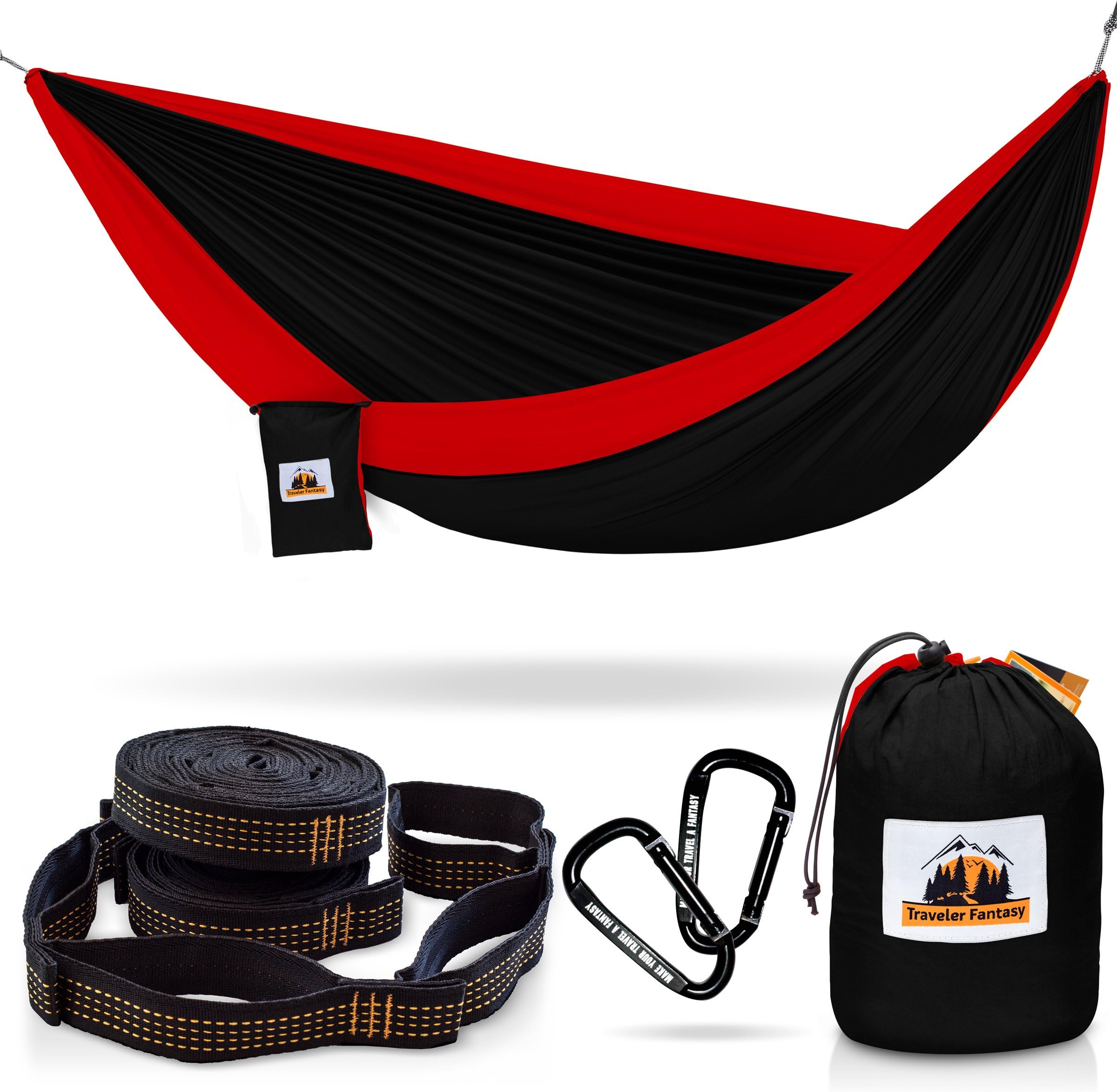 Single/Double Camping Hammock, Durable Nylon Parachute Portable Ultraweight Hammock, Backpacking, Beach, Yard, Swing, Super Strong Straps & Carabiner (Raven Black with Berry Red)