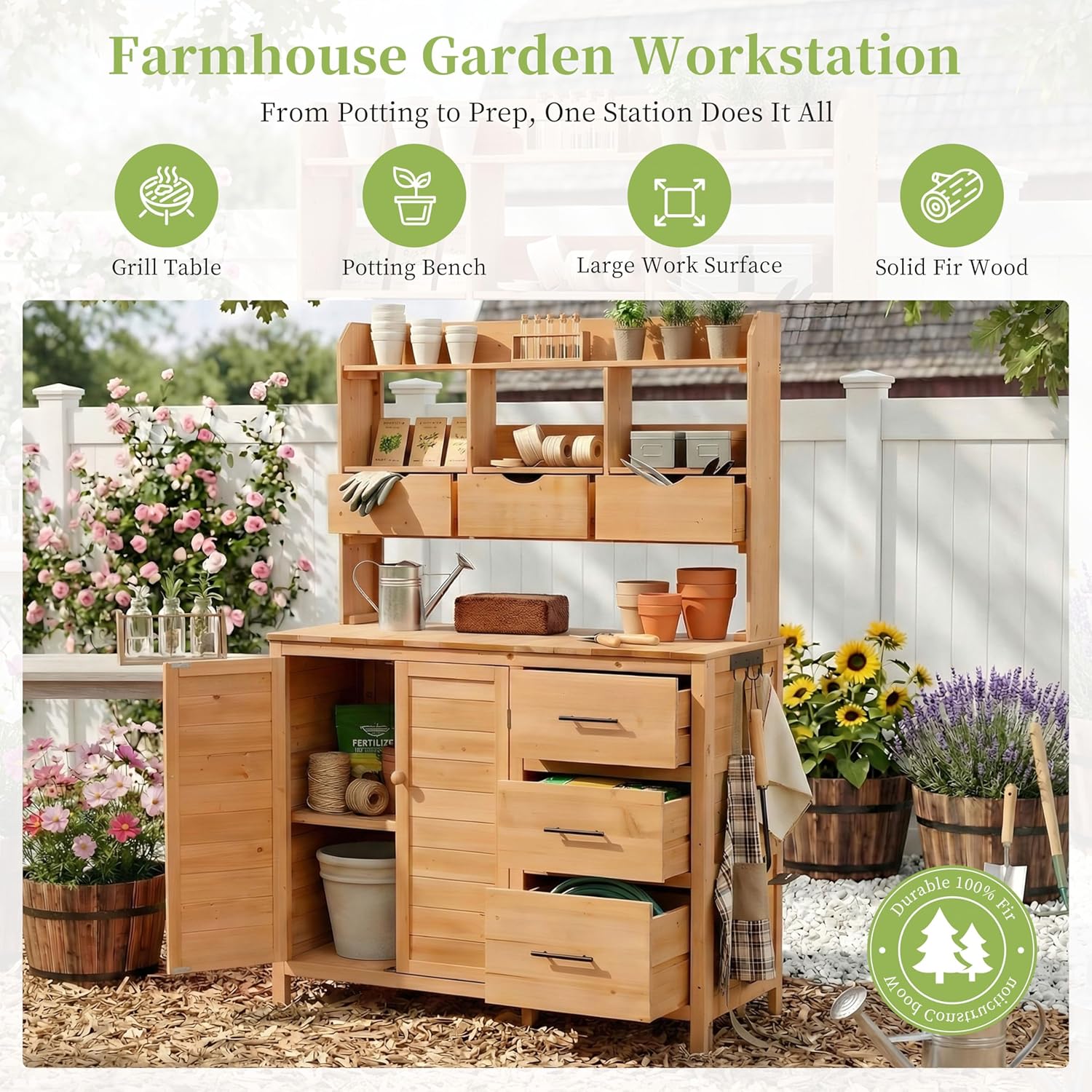 Farmhouse Potting Bench with 6 Drawers and Bottom Cabinet, 44.6''x19.5'' Freestanding Wood Garden Potting Table with Hutch, Multi-Functional Outdoor Workstation for Patio & Deck (Natural)
