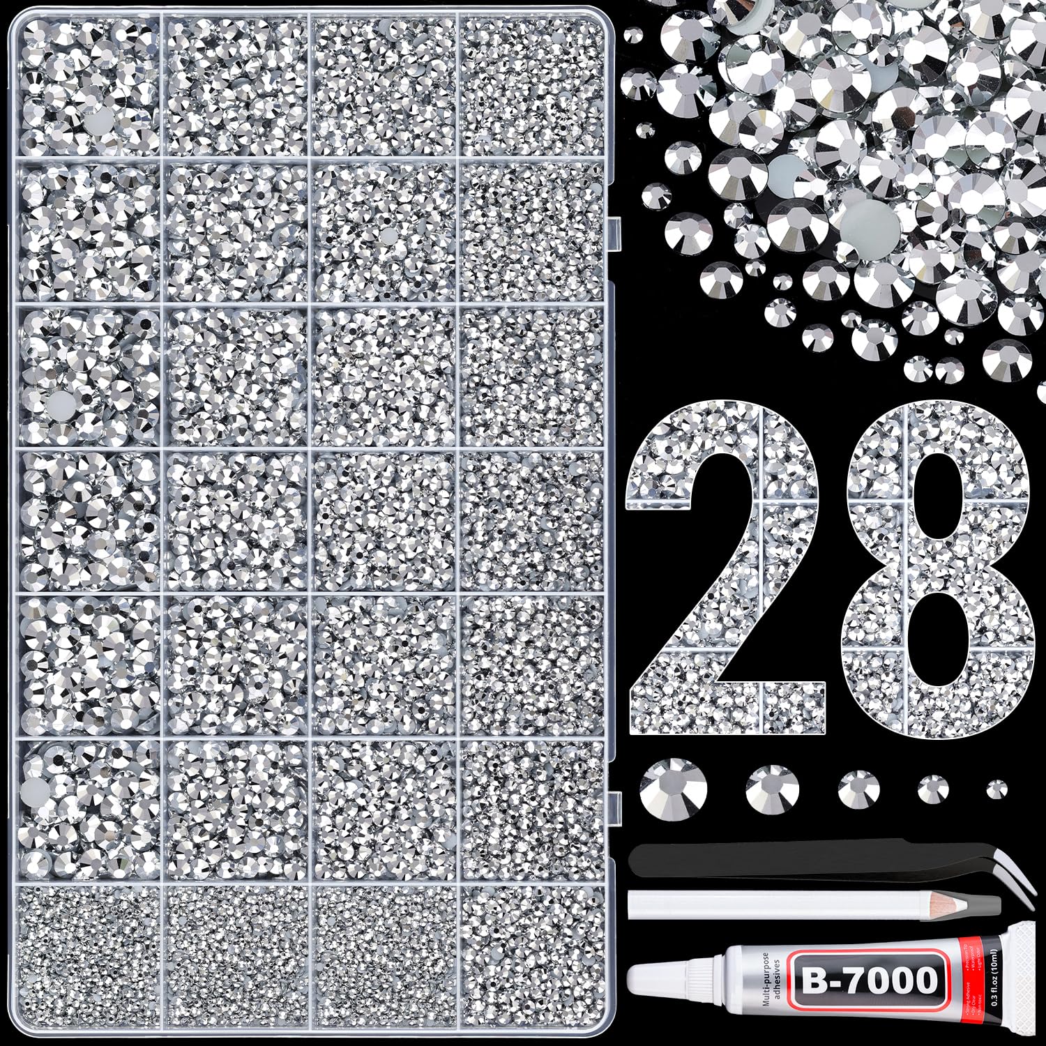 30000Pcs Resin Rhinestones for Bedazzling with Tweezers, Silver Rhinestones for Crafting with B7000 Jewelry Glue for DIY Crafts Clothing Tumblers