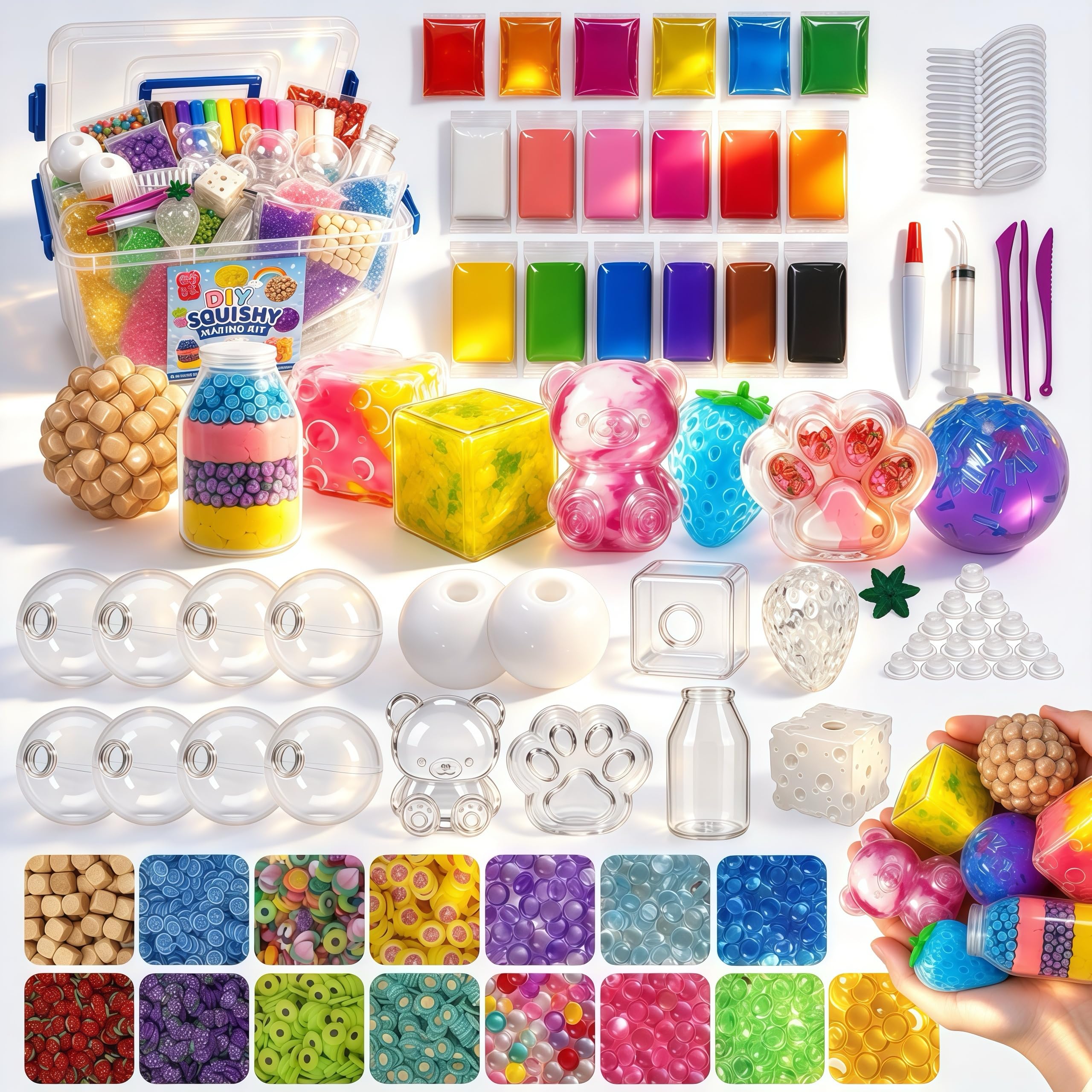 DIY Squishy Making Kit with Fillers - 16 TPR Skin ,Squishy Maker kit with Storage Box|Skins Include (Ball,Milk Bottle,Cube,Cat Paw),Make Your own Squishy,Crunchy Stress Ball for Stuff for Girls 12