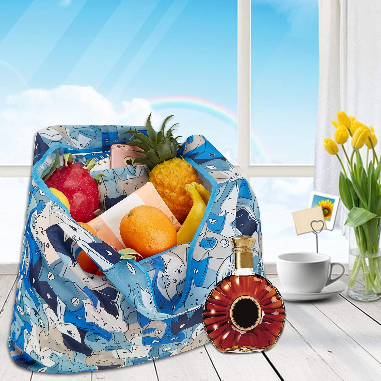 Reusable Grocery Bags, TEOYALL 10 Pack Eco Friendly Large Foldable Grocery Tote Bag Heavy Duty Washable Shopping Bags (10 Pack# Blue Cat)