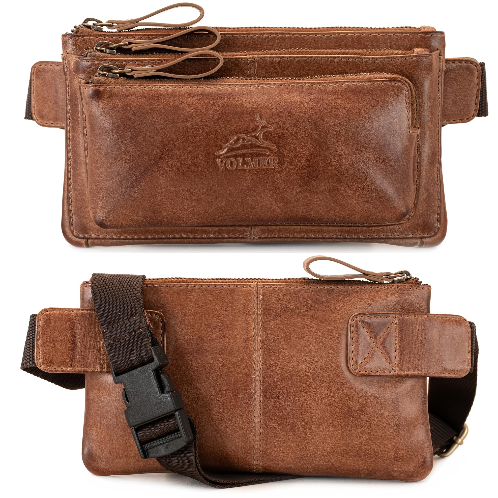 Fa.Volmer ® Sac banane en cuir véritable pour homme et femme - Noir ou marron - Sangle réglable jusqu'à 118 cm, Cuir lisse marron, 30 cm Länge, 10 cm Breite, 10 cm Tiefe, Sacs banane en cuir