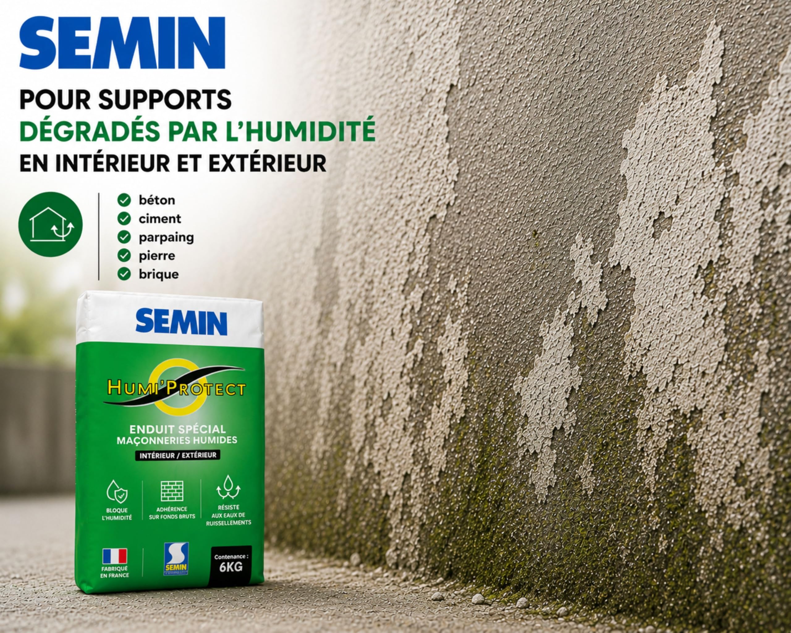 Semin Humi’Protect - Enduit Ciment Anti-Humidité - Traitement Maçonneries Humides - Intérieur & Extérieur - Cave, Sous-Bassement & Façade -Lot de 2 Sacs de 6 kg