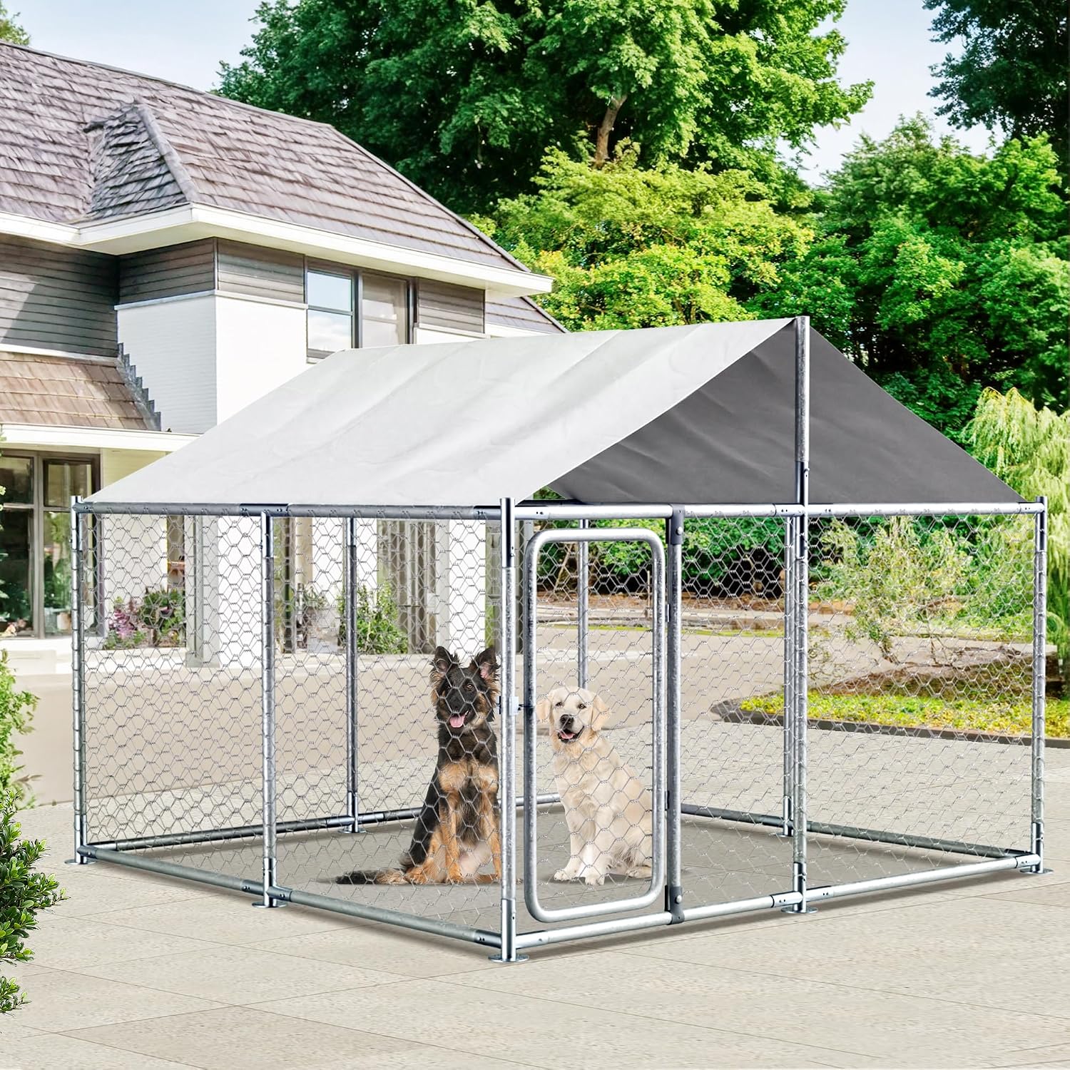LEISU Dog Kennels Outside Large Outdoor Dog Kennels with Water-Resistant Cover Dog Cage Heavy Duty Dogs House for Back Yard Farm (7.5x7.5x5.25 FT)