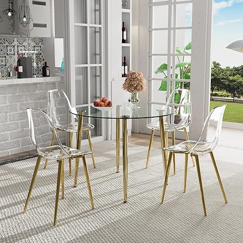 Vista 11 de Juego de mesa de comedor y sillas de cristal redondo dorado para 4, 40 '' comedor, sillas de acrílico transparente Dorado,plateado