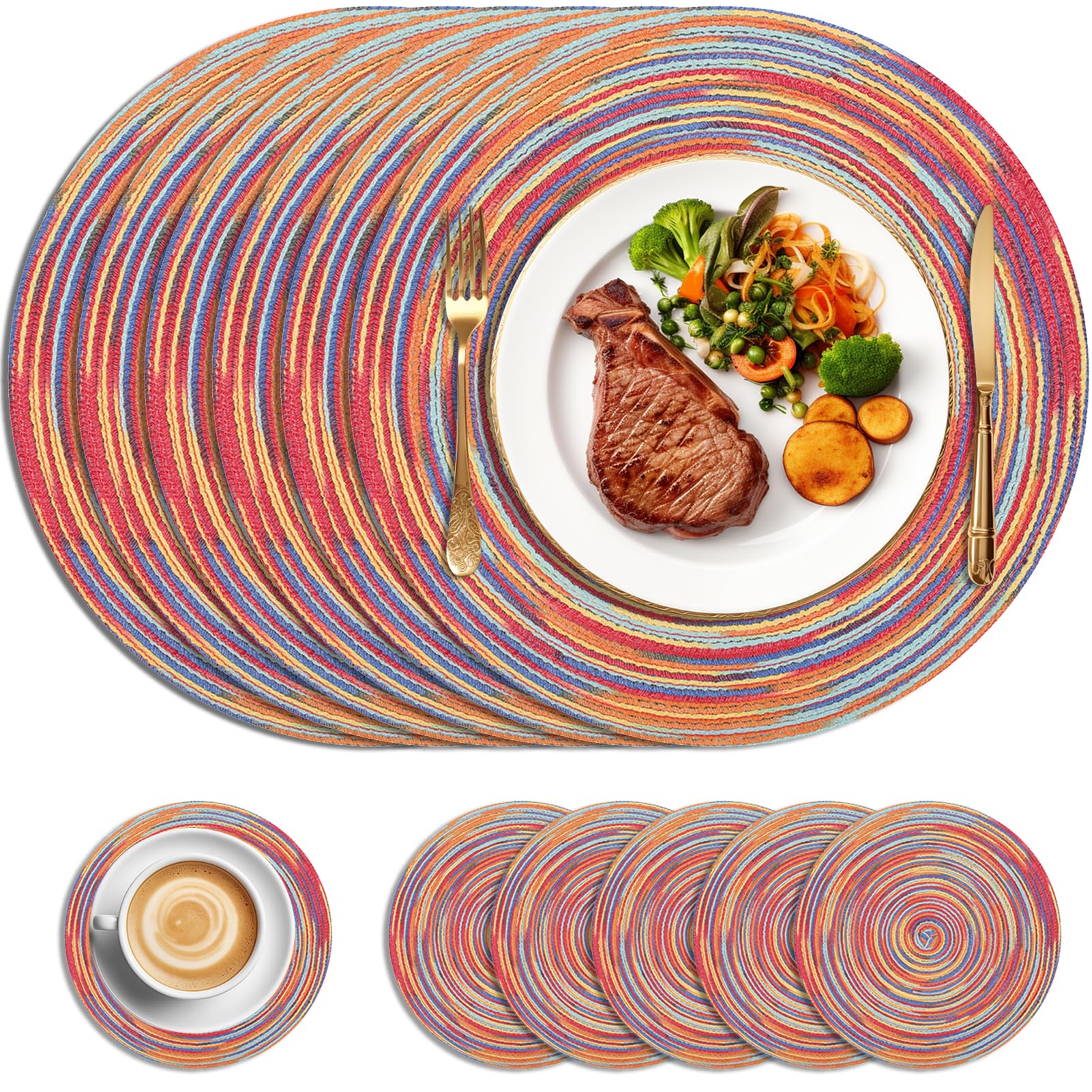 HEYOMART Round Placemats and Coasters Set of 6