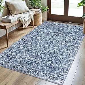 3x5 Blue Washable Rug for Entrance, Soft Distressed Floral Rug with Non-Slip, Low-Pile Vintage Area Rugs for Office Entryway Bedroom, Non-Shedding Carpet for Boys Dorm