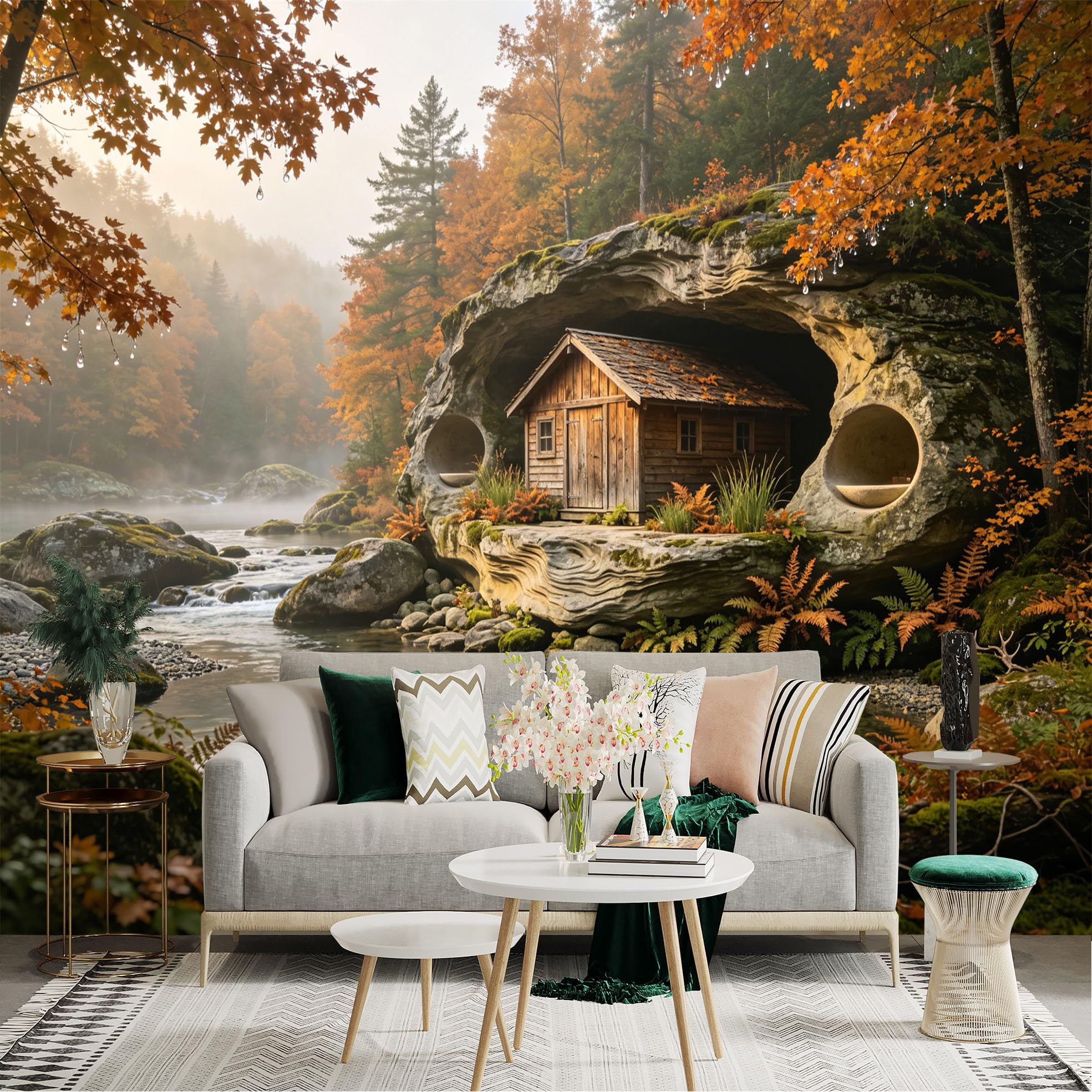 Custom Size Wall Sticker Mural， Autumn Forest Cabin by River， Rocky Cave and Misty Landscape， for wall Decoration， peelandstick wall Decals.