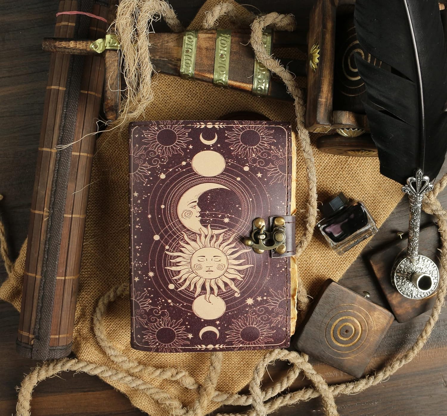 Sun & Moon Vintage Leather Journal for Men & Women 200 Pages of Antique Handmade Deckle Edge Vintage Paper, Leather Sketchbook, Drawing Journal, Printed leather Journal, Great Gift (7 x 5 Inch) - Image 4