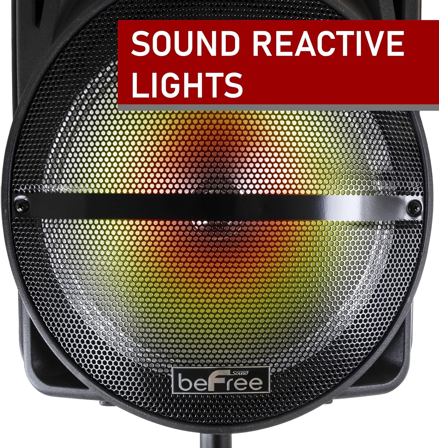 Close-up of the speaker's front grille showing reactive LED lights
