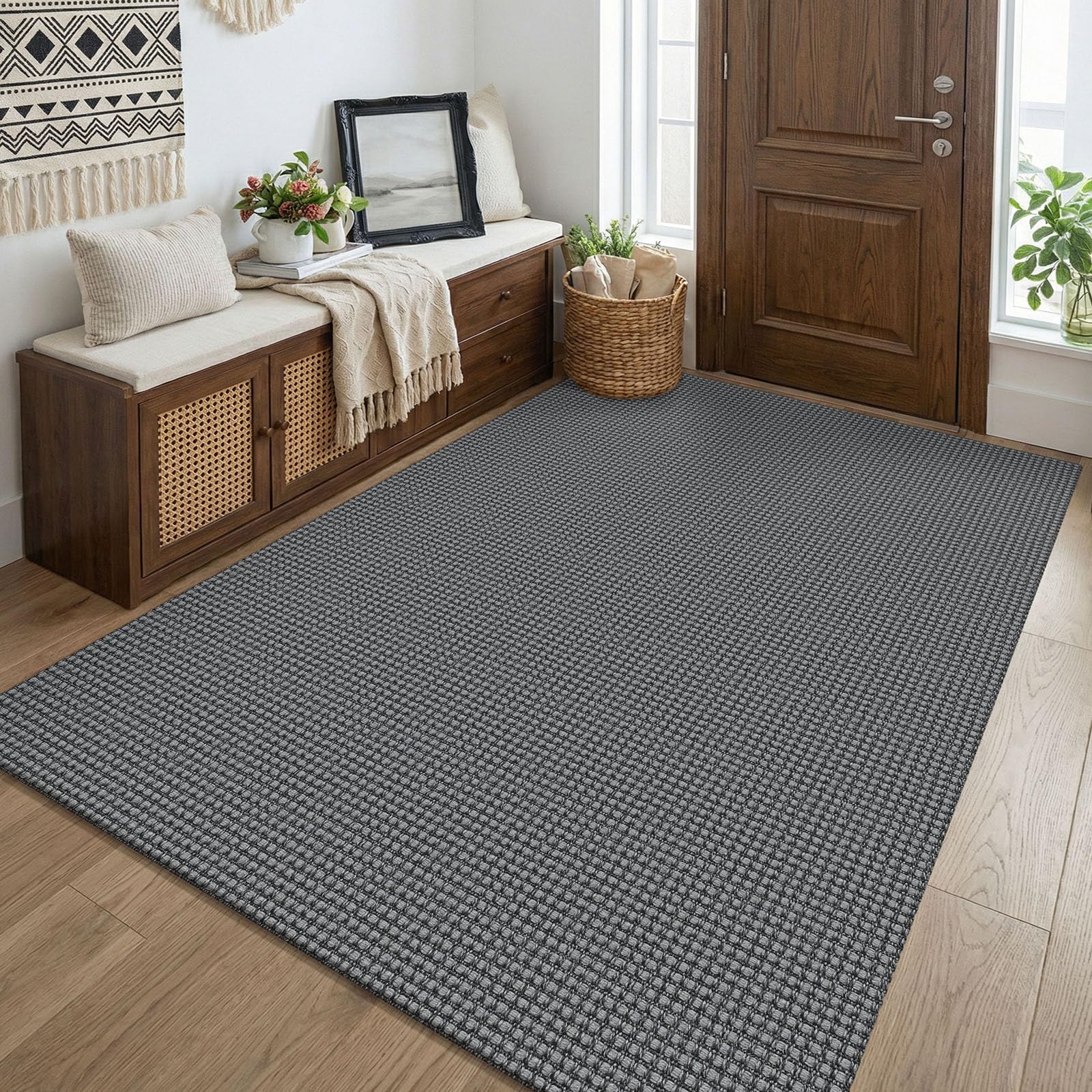 KOZYFLY Washable 4x5 Entry Woven Area Rug, Braided Throw Rugs for Entryway, Non Slip Door Mat Indoor Entrance, Flatweave Carpet for Foyer, Bedroom, Dining, Office, Grey/Dark Grey