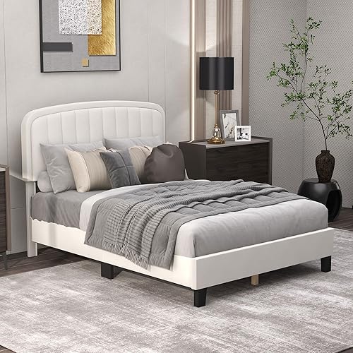 Miniatura 5 de Bonzy Home Base de cama matrimonial con cabecero, base de cama tapizada moderna de tamaño matrimonial, soporte de listones de madera maciza, no