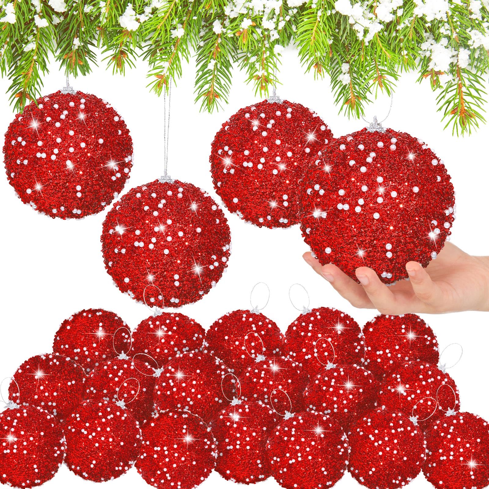 Lyrow 24 Pcs 4" Glitter Christmas Ball Ornament Set Christmas Ball Bulk Xmas Sequin Foam Hanging Ornament Decorative Hanging for Tree Home Wedding