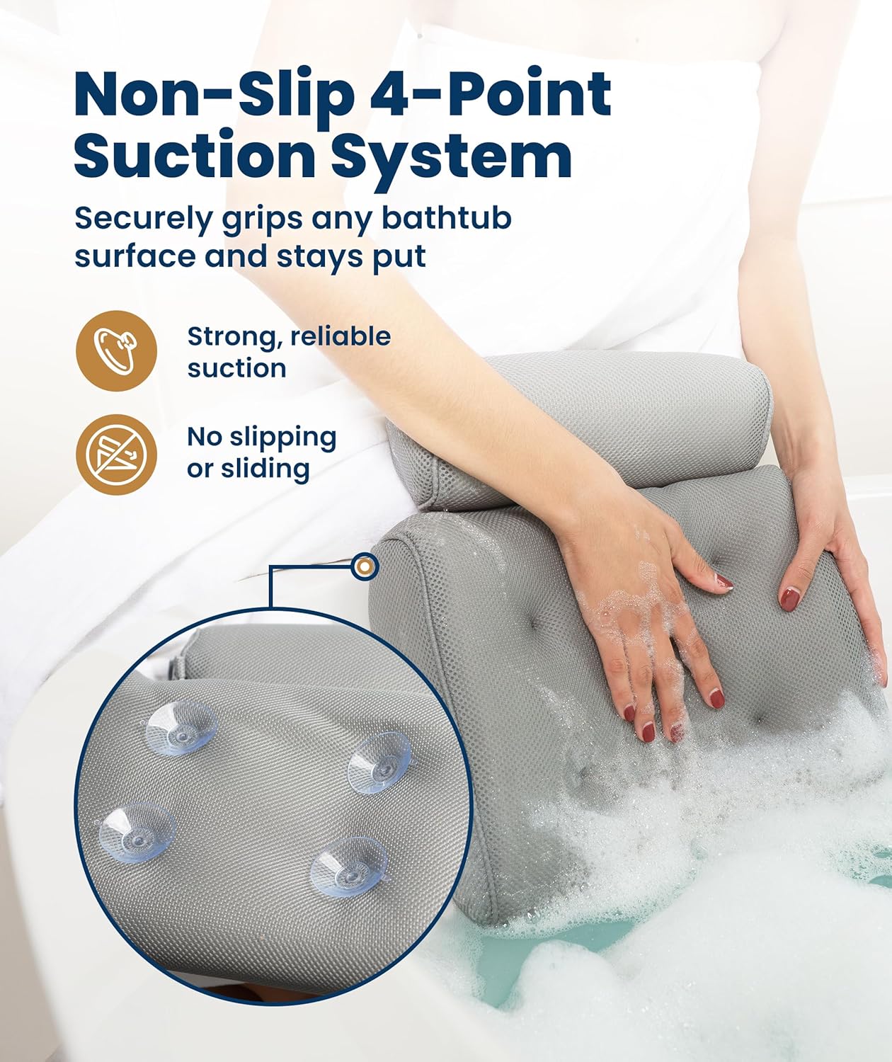 Everlasting Comfort Luxury Bath Pillows for Tub with Head and Neck Support - Non-Slip Bathtub Pillow with Suction Cups, Quick-Drying Mesh & Drying Hook - Jacuzzi & Spa Accessories for Women - Gray - Image 3