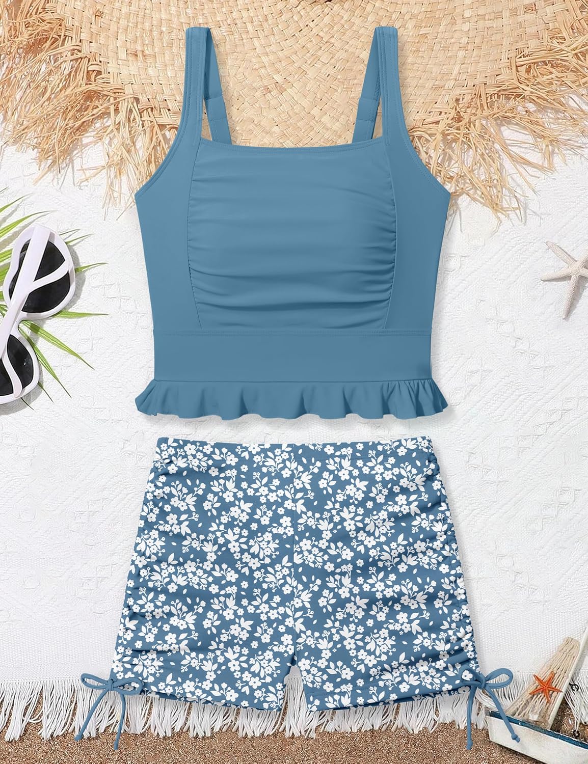 Girls Swimsuit Two Piece Ruched Ruffle Tankini Swimsuits for Girls Bathing Suit with Drawstring Shorts Swimwear 9-16T - Image 5