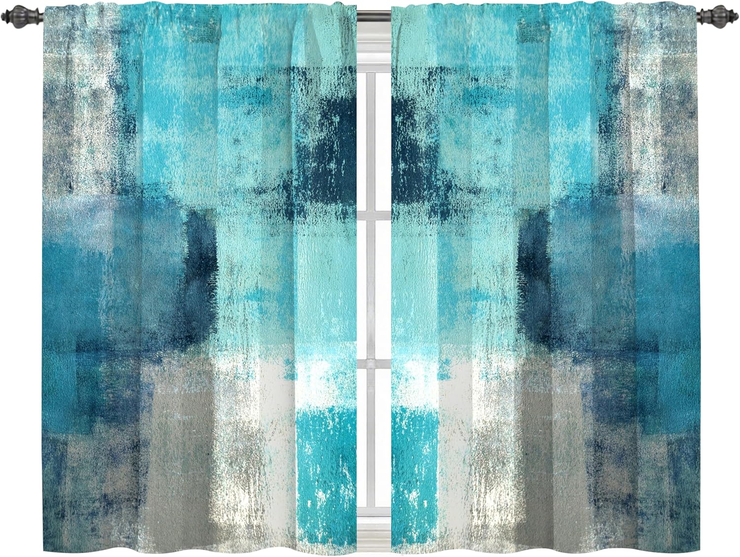 Worltoldb Teal Abstract Grey Kitchen Curtains Cafe Curtains for Bathroom Dining Room Living Room Pocket Turquoise Window Drapes 2 Panels Set 28"x36"