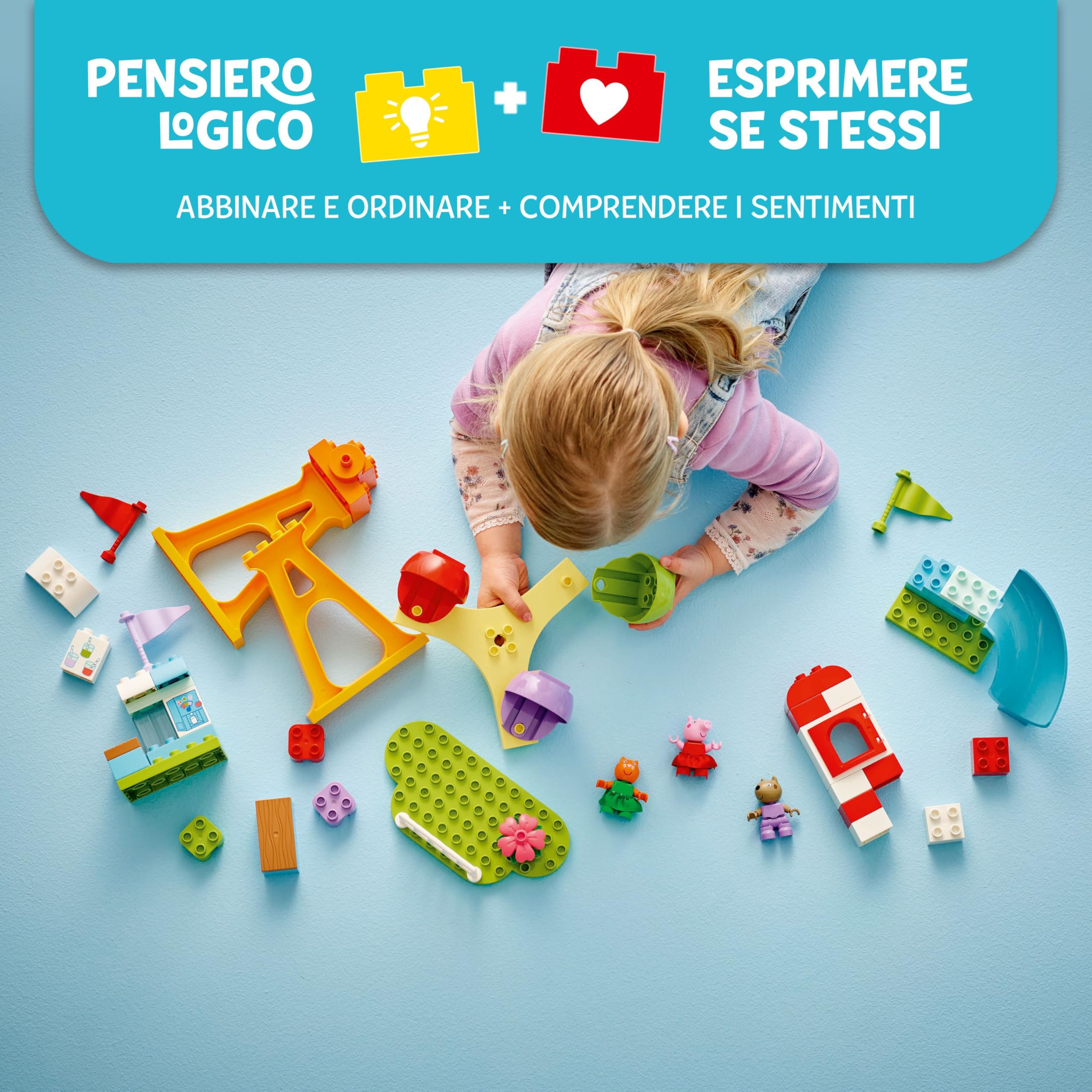 LEGO DUPLO Peppa Pig Luna Park - Gioco per la Motricità Fine per Bambini da 2 Anni - Ruota Panoramica, Scivolo, Bar e 3 Figure tra cui Candy Gatto e Danny Cane - Attività per Sviluppo Precoce - 10453