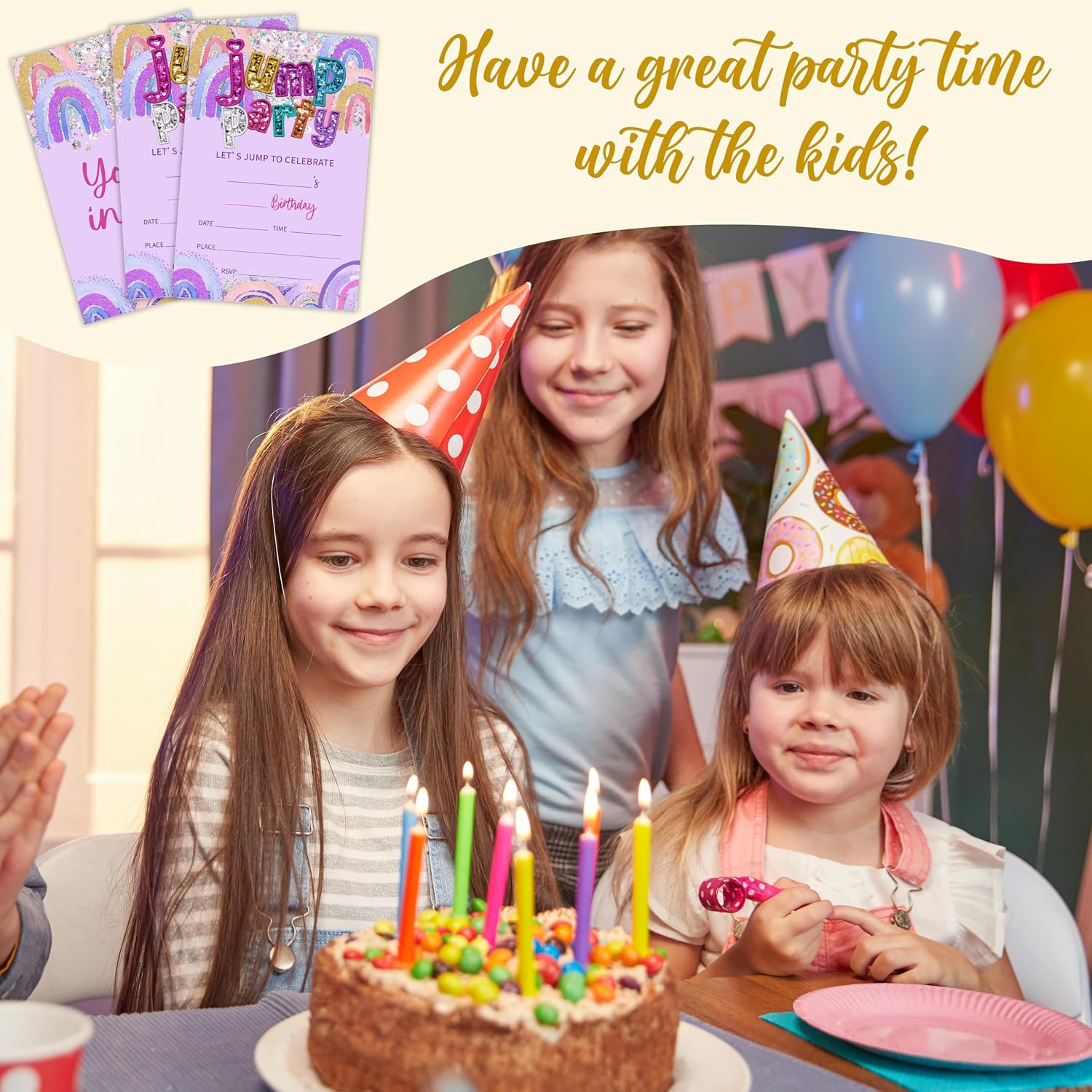20 Trampoline Sequin Rainbow Birthday Invitation Card With Envelopes,4" x 6" Double-sided Fill In Invites For Boys, Girls, Jump Birthday Party Invitation Cards Supplies - A05