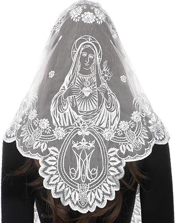 Bozidol Triangular Camellia Sacred Heart Veil - Church Wedding Embroidered Camellia Sacred Heart Wavy Short Veil Scarf