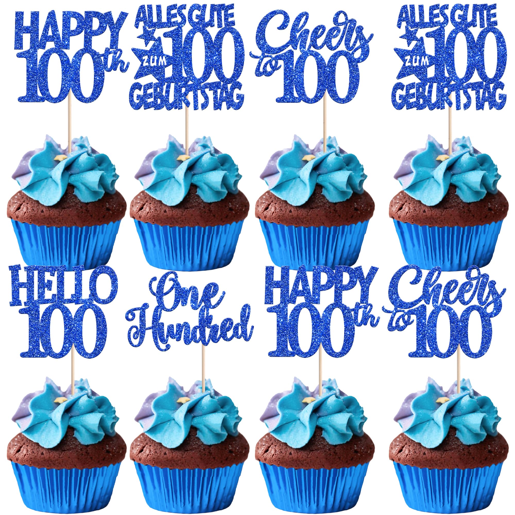 30 Stück 100th Geburtstag Tortendeko Alles Gute zum Geburtstag 100 Kuchen Deko Glitzer One Hundred Cupcake Toppers für Prost auf 100th Jahre Jahrestag Party Kuchen Dekorationen Blau