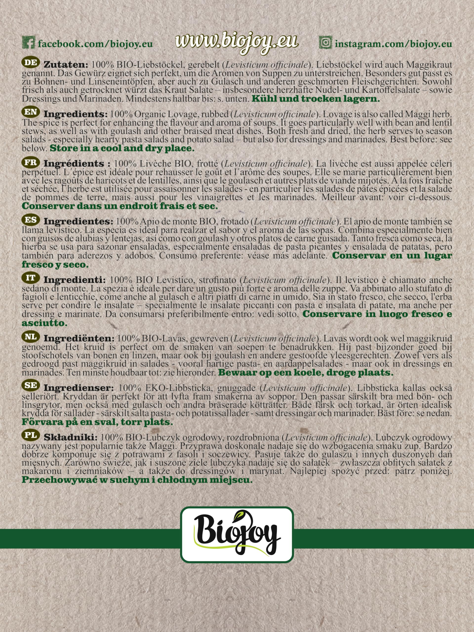 Biojoy Levistico essiccato BIO (500 g), Tritato, Sedano di Monte, Spezia senza additivi (Levisticum officinale)