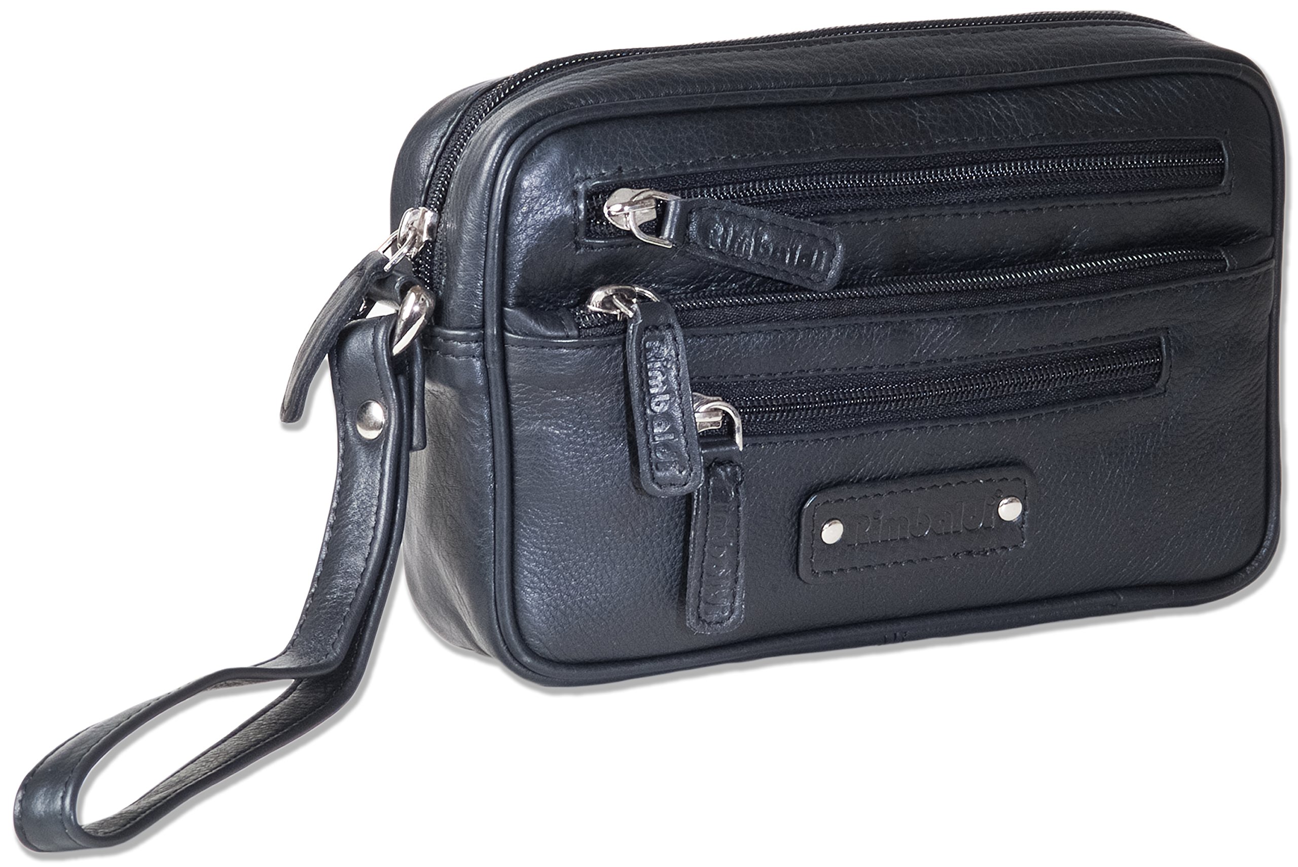 Praktische Handgelenktasche VIELE FÄCHER Feines Rind-Nappaleder SCHWARZ