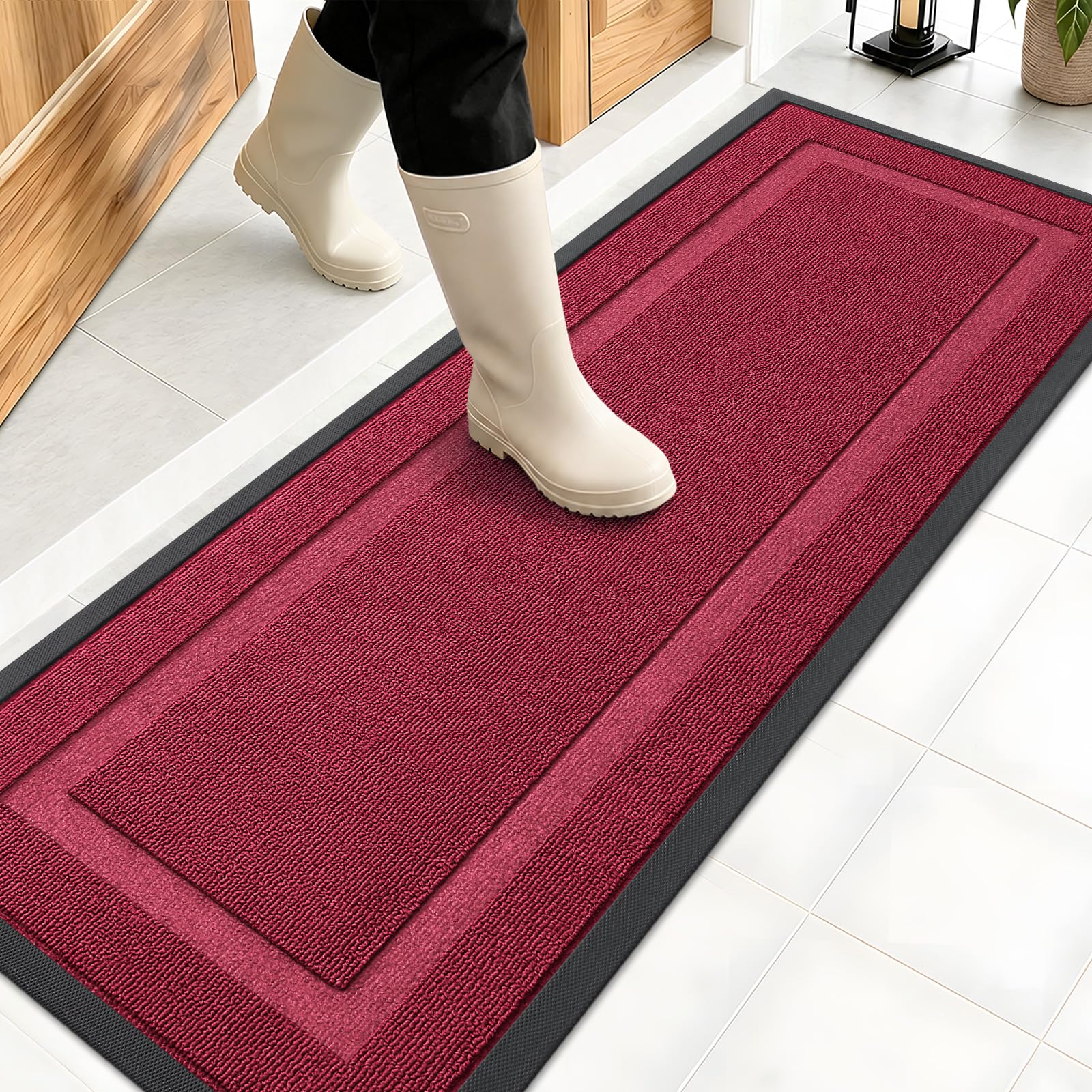 OLANLY Front Door Mat Outside 47x17, All-Season Heavy-Duty Rubber Doormat | Burgundy, Absorbent, Stain and Fade Resistant, Waterproof Non-Slip Backing, Low-Profile Indoor Outdoor Floor Mat for Entryway