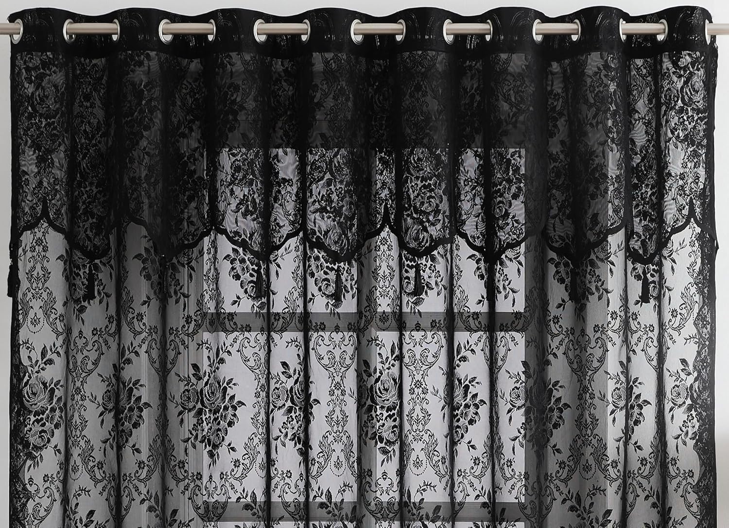 LinenZone Pair of 2 Lace Curtain Panels with Attached Valance and 6 Tassels. Sheer Lace Curtains for Living Room, Dining Room, Bedroom or Kitchen. Classic English Rose Design. (Luna 54 x 84, Black)