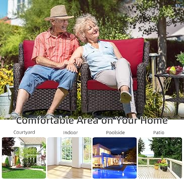 Outdoor Swivel Wicker Glider Patio Chairs with Table Set, 3 Pieces Outdoor Bistro Set with 4Thick Cushions and Coffee Table for Porch, Balcony, Deck (Red)