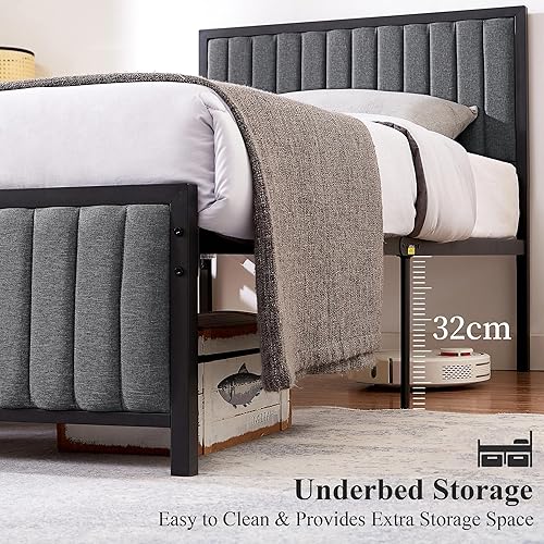 Miniatura 13 de VECELO Base de cama de tamaño matrimonial con cabecera tapizada, plataforma de listones de acero resistente, no necesita somier, gris oscuro Gris