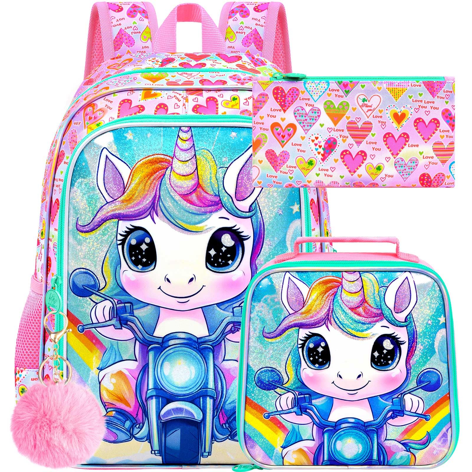 HPJGD 3PCS Unicorn Backpack for Girls, Kids Biker Bookbag Set with Lunch Box, Cute Water Resistant Elementary School Bag for Preschool Toddler - Pink Unicorn Motorcycle
