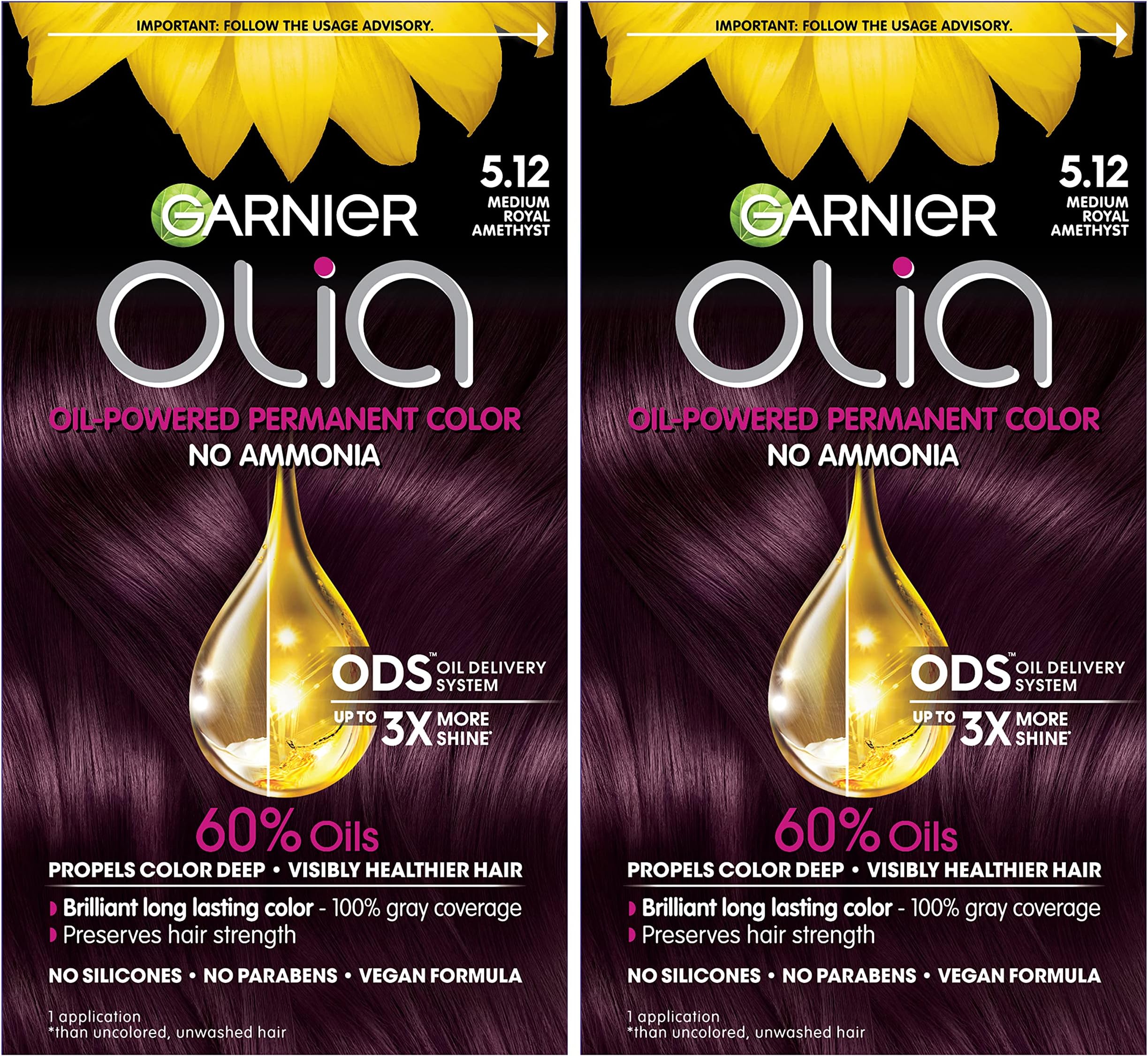 Garnier Hair Color Olia Ammonia-Free Brilliant Color Oil-Rich Permanent Hair Dye, 5.12 Medium Royal Amethyst, 2 Count (Packaging May Vary)