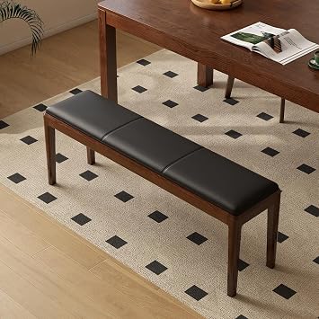 47.2 Leather Upholstered Dining Bench with 100% Solid Oak Wood Bench Frame, 13.8 Widened Padded Bed End Bench Ottoman for Kitchen Living Room Bedroom Entryway, Black