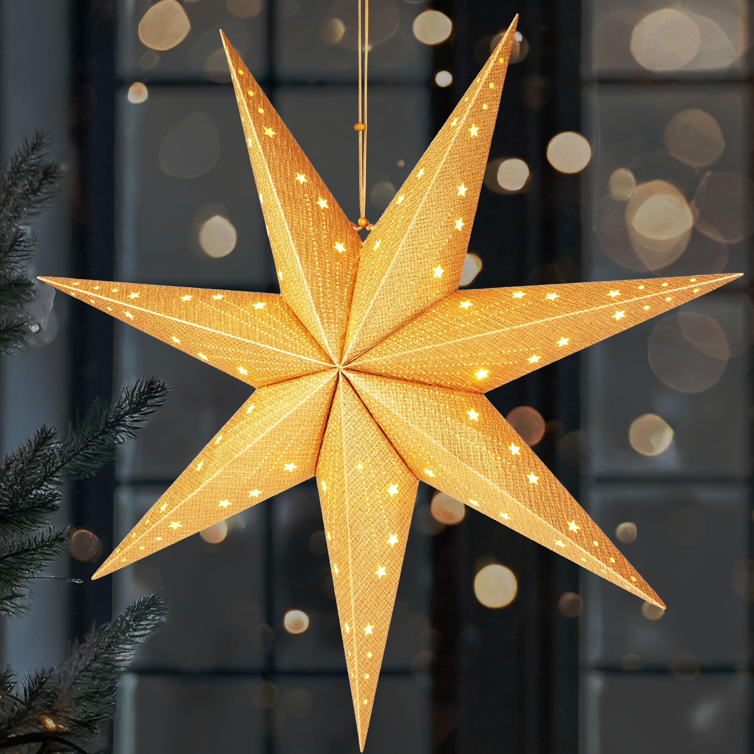 BRUBAKER LED Weihnachtsstern zum Aufhängen - 60 cm Papierstern | 3D Adventsstern mit 7 Spitzen - Batteriebetrieben, Hängend und Beleuchtet - Fenster Deko Leuchtstern