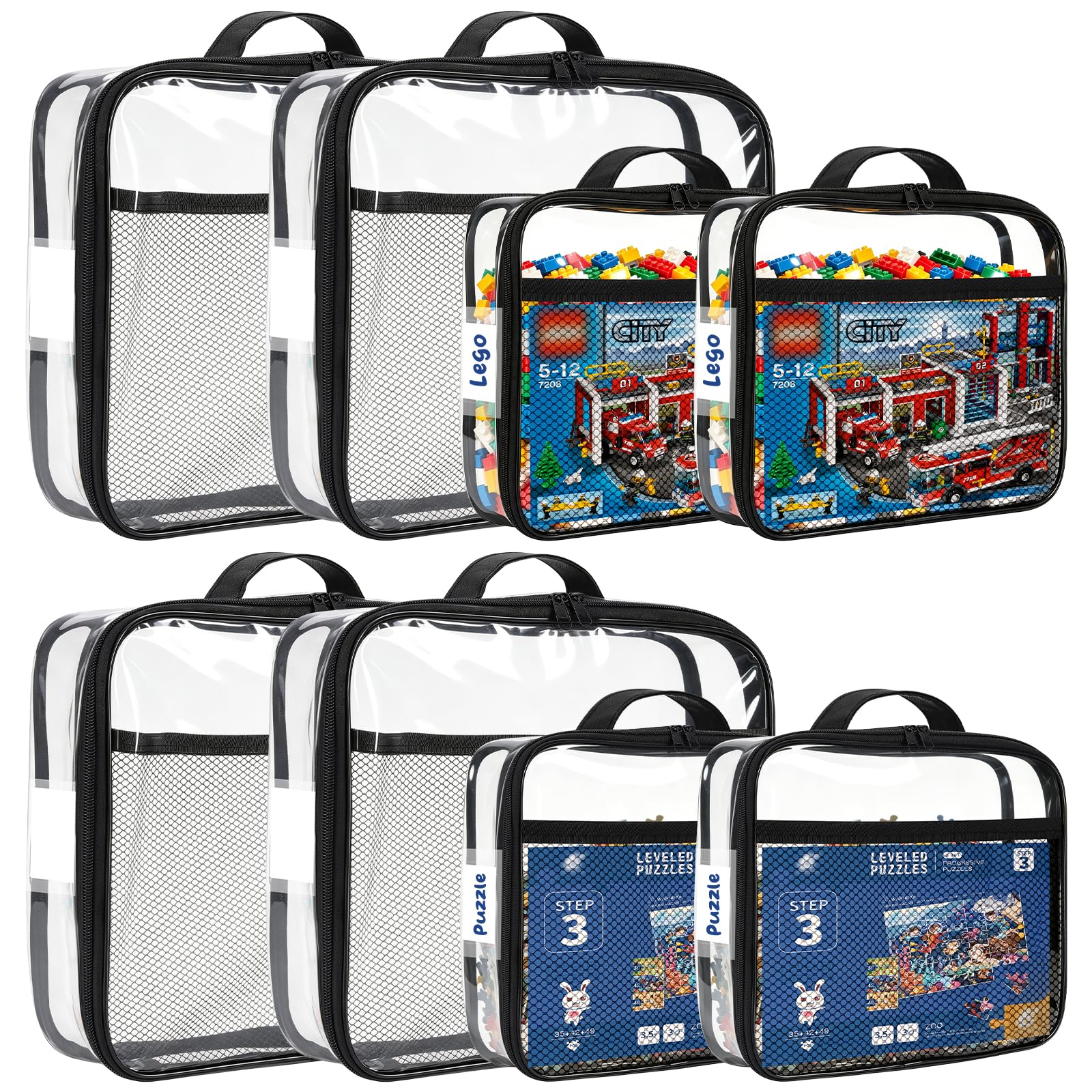 Paquete de 8 organizadores de almacenamiento de juguetes, fundas transparentes de PVC con cremallera, bolsas reutilizables impermeables para rompecabezas, bloques de construcción, juegos de mesa