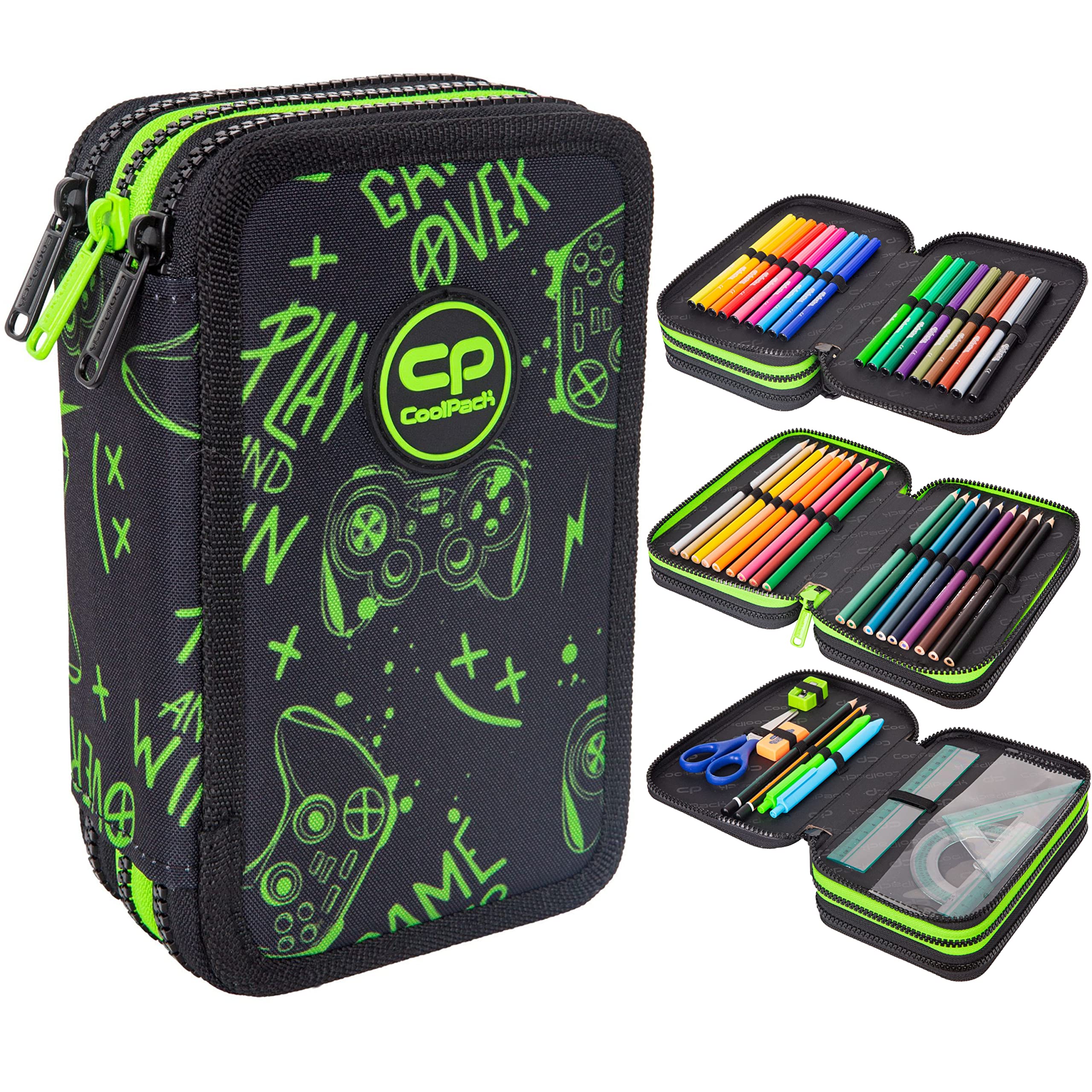 Goldkids Federtasche 3-fache Federmappe Game Night Federmäppchen 46-teilig gefüllte Schüleretui Stifte und Pinsel inkl. Aufgabenheft Federbox Etui Stiftetasche Schlamper-Etui Schul-Etui