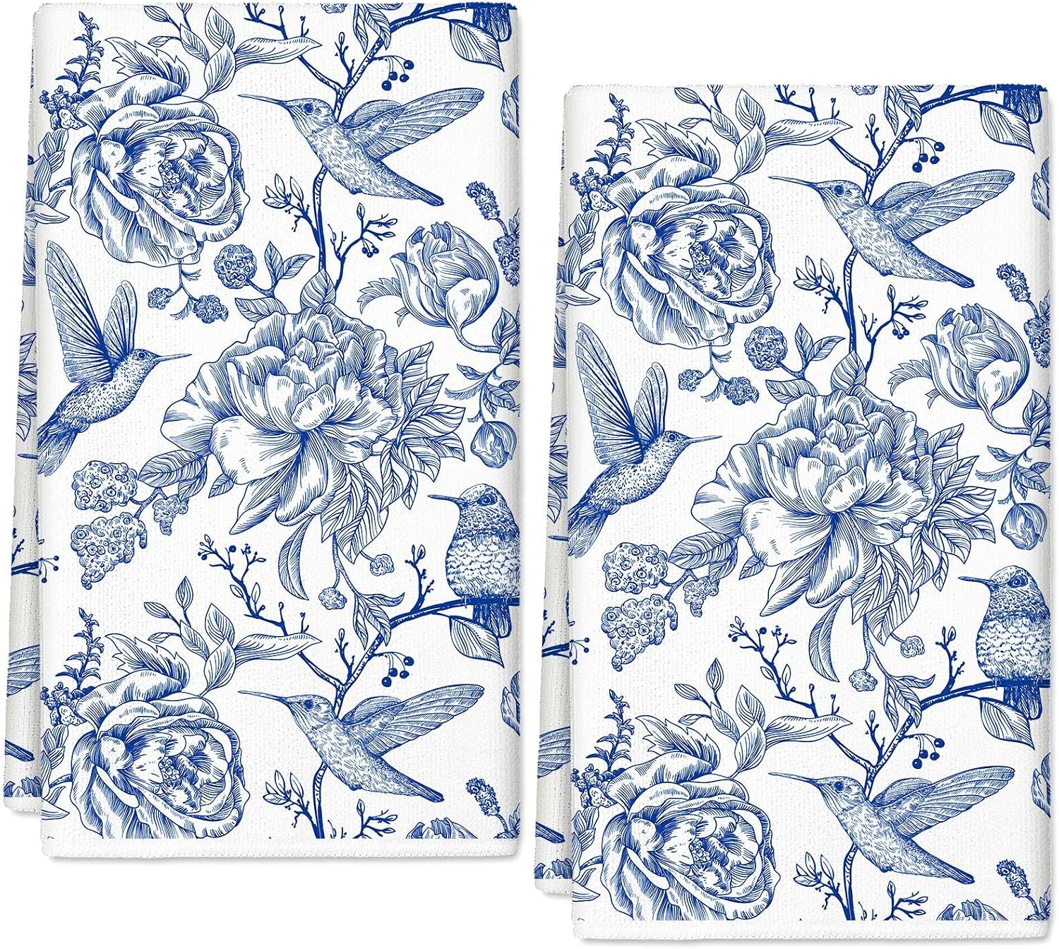 Chinoiserie Floral Kitchen Towels Blue White Flowers Bird Dish Towels 18 x 28 Inch Decorative Hand Drying Tea Towel for Farmhouse Cooking Baking Cleaning Wipes, Set of 2