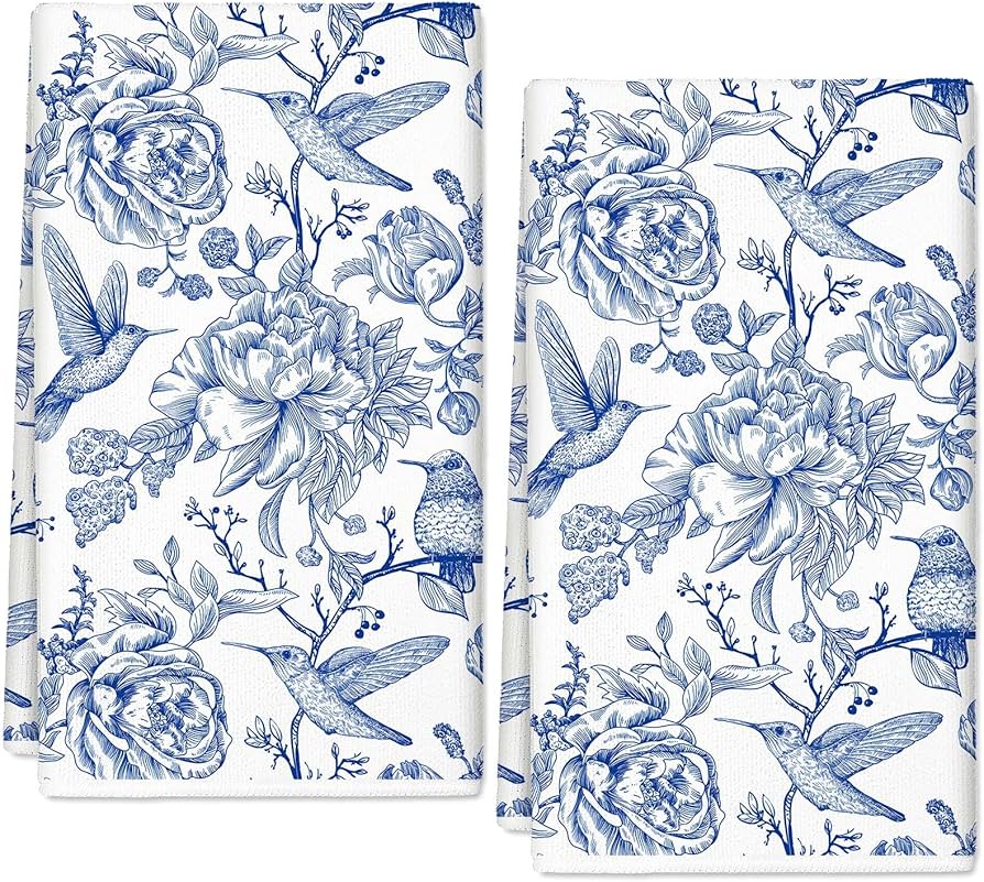 Chinoiserie Floral Kitchen Towels Blue White Flowers Bird Dish Towels 18 x 28 Inch Decorative Hand Drying Tea Towel for Farmhouse Cooking Baking Cleaning Wipes, Set of 2