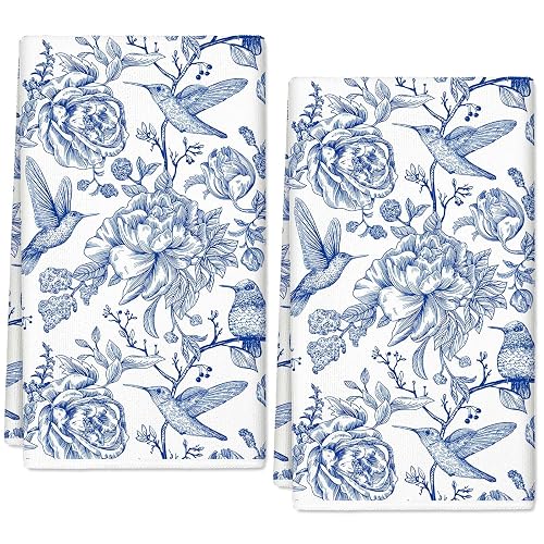 Chinoiserie Floral Kitchen Towels Blue White Flowers Bird Dish Towels