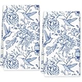 Chinoiserie Floral Kitchen Towels Blue White Flowers Bird Dish Towels 18 x 28 Inch Decorative Hand Drying Tea Towel for Farmhouse Cooking Baking Cleaning Wipes, Set of 2