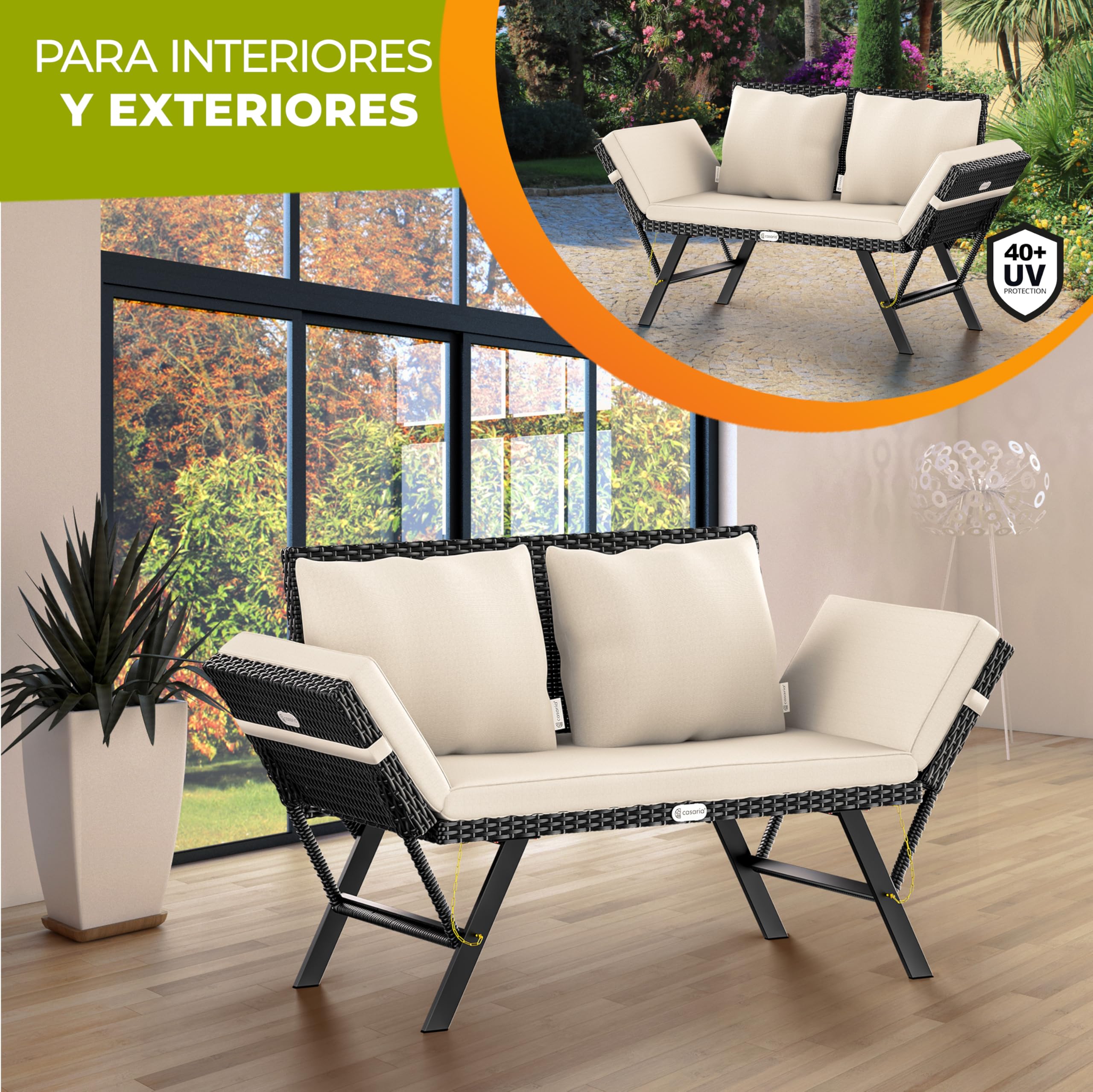 CASARIA® Sofá de Jardín Poliratán 2en1 Reclinable Tumbona Cama Banco Exterior Multifuncional Reposabrazos Ajustables Cojines Intemperie 240Kg Negro
