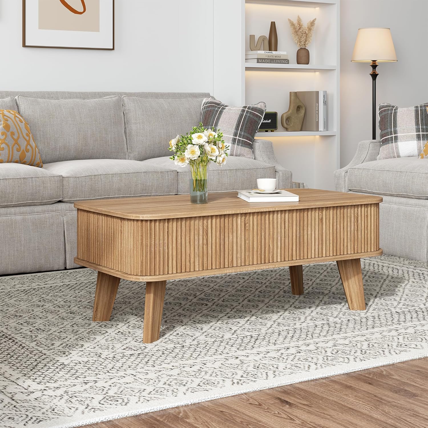 Fluted Lift Top Coffee Table with Storage, Modern Wood Coffee Table Retro Center Table with Hidden Lifting Table Top Compartment for Living Room, Home, Office, Natural