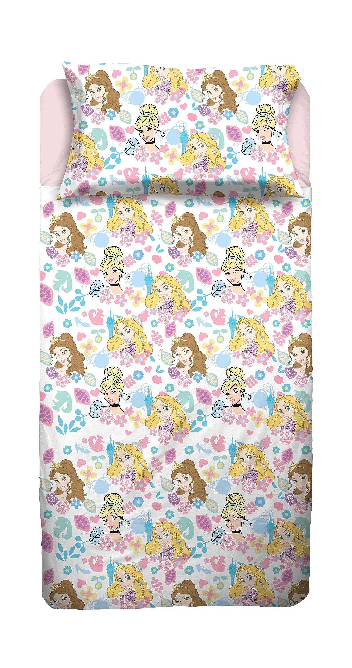 Princess Double Bed Sheet, Complete Bed, Top Sheet, Fitted Sheet, Pillowcase, Pink, Disney, 100% Cotton, Official Product