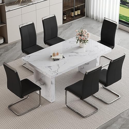 Miniatura 28 de Juego de mesa de comedor moderno para 6, juego de mesa de comedor blanco de 63 pulgadas para 6, tablero de mesa de cocina MDF con patrón de mármol y