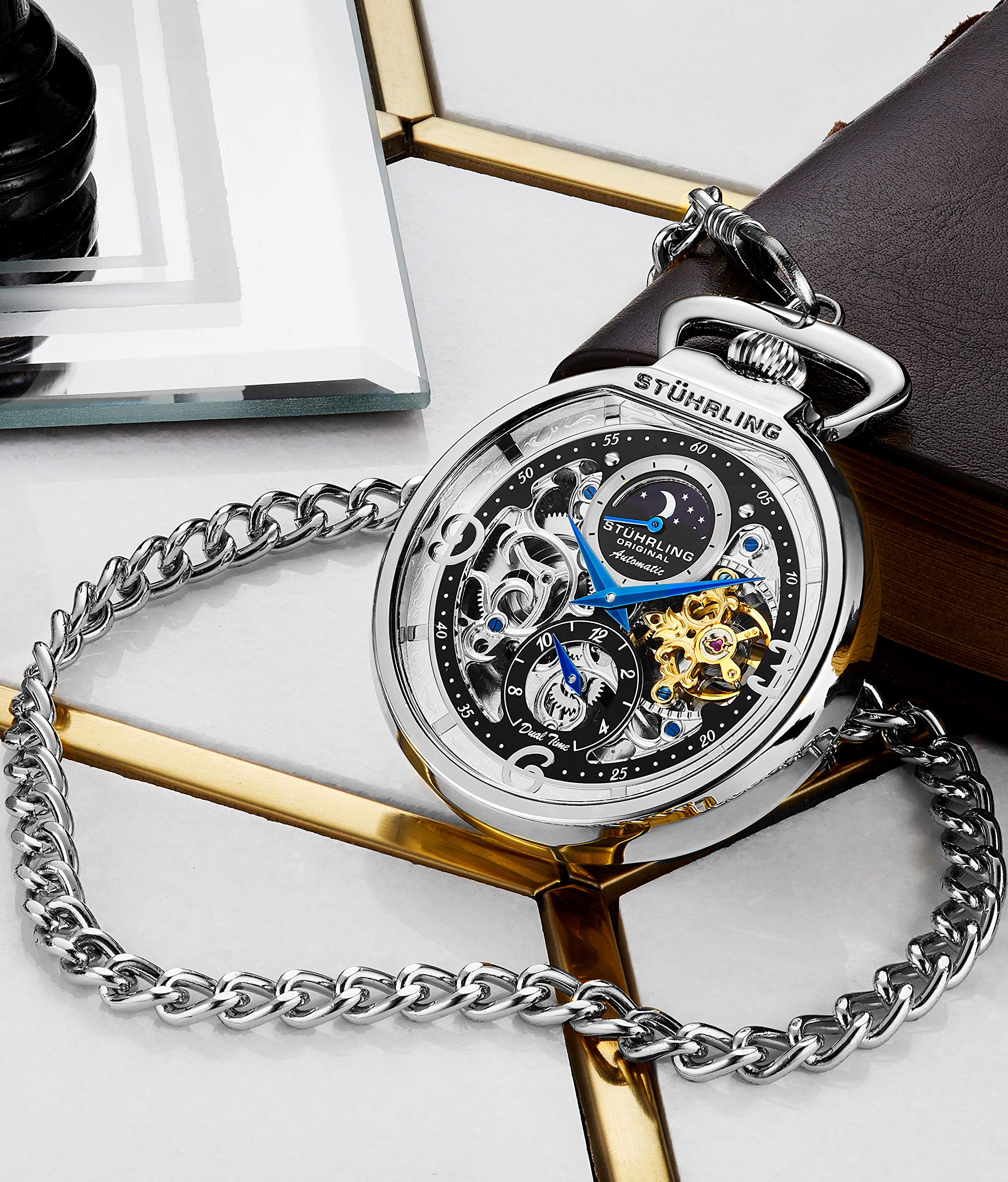Stuhrling Orignal Mens Automatic Pocket Watch Skeleton Dial Mechanical Movement with and Stainless Steel Chain -Dual Time AM/PM Sun Moon Subdial