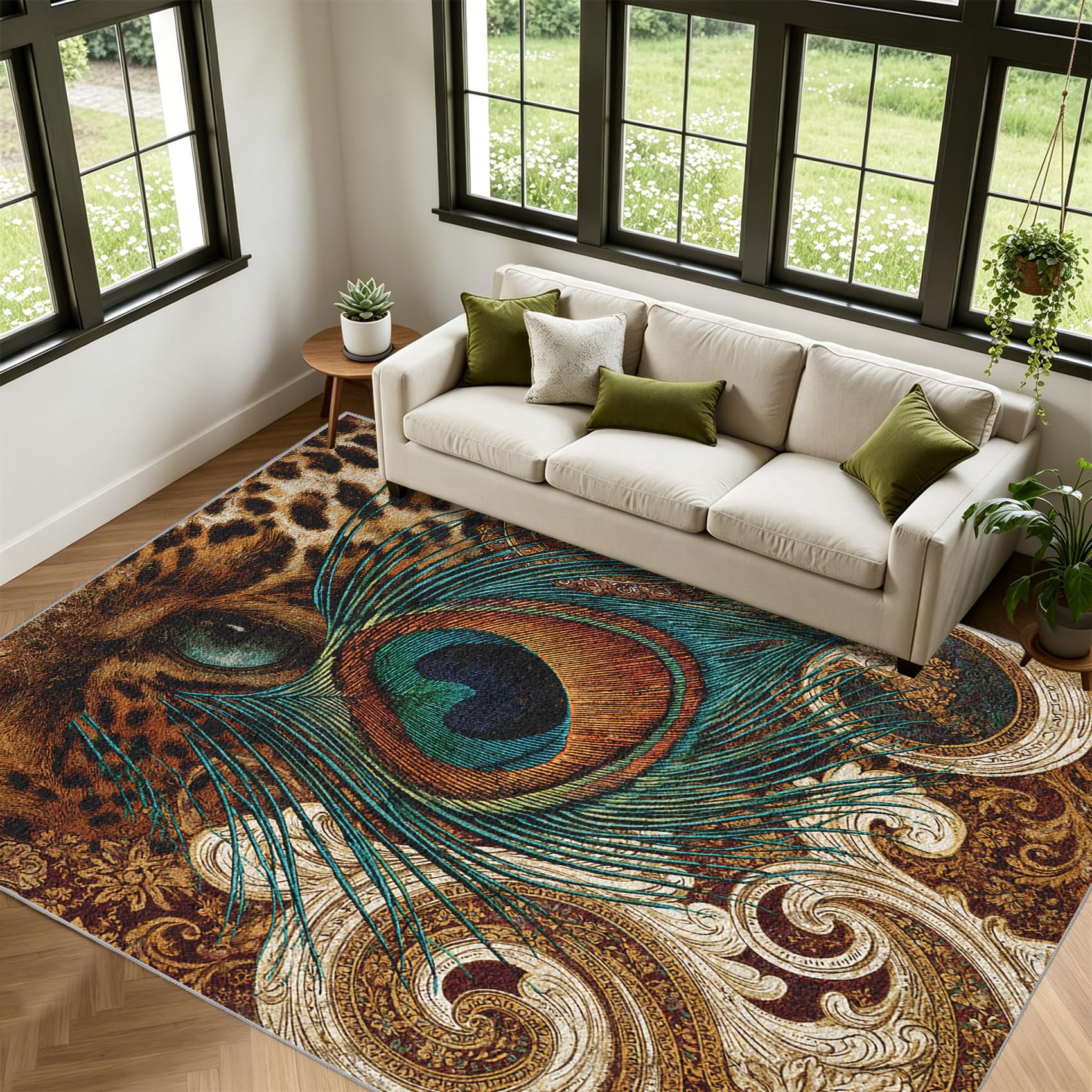 Générique Motif Léopard Tapis Salon 120x170cm Plume De Paon