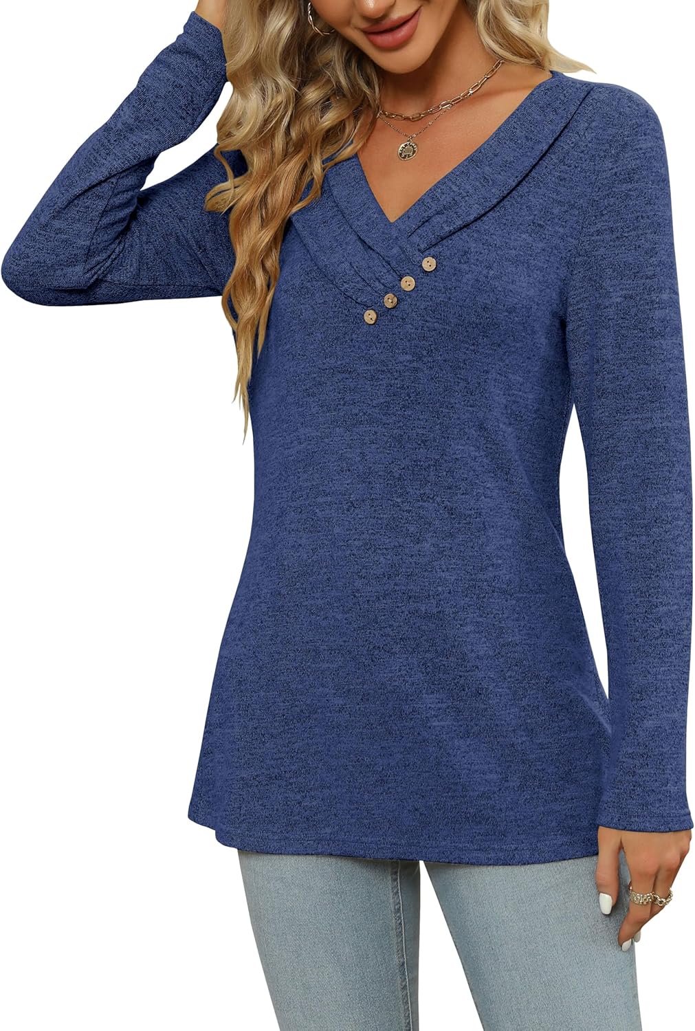 Women's Fall Long Sleeve Tunic Tops for Leggings V Neck Button Casual Blouse Sweatshirt - Image 4