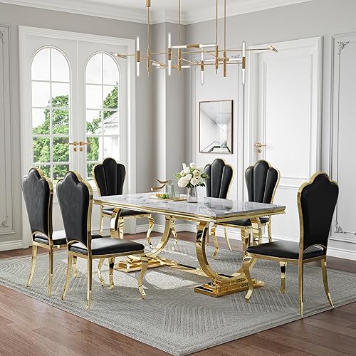 Miniatura 31 de Juego de mesa de comedor de mármol sintético de 70 pulgadas para 6, mesa de cocina grande y sillas de cuero sintético blanco, mesas de comedor Plata