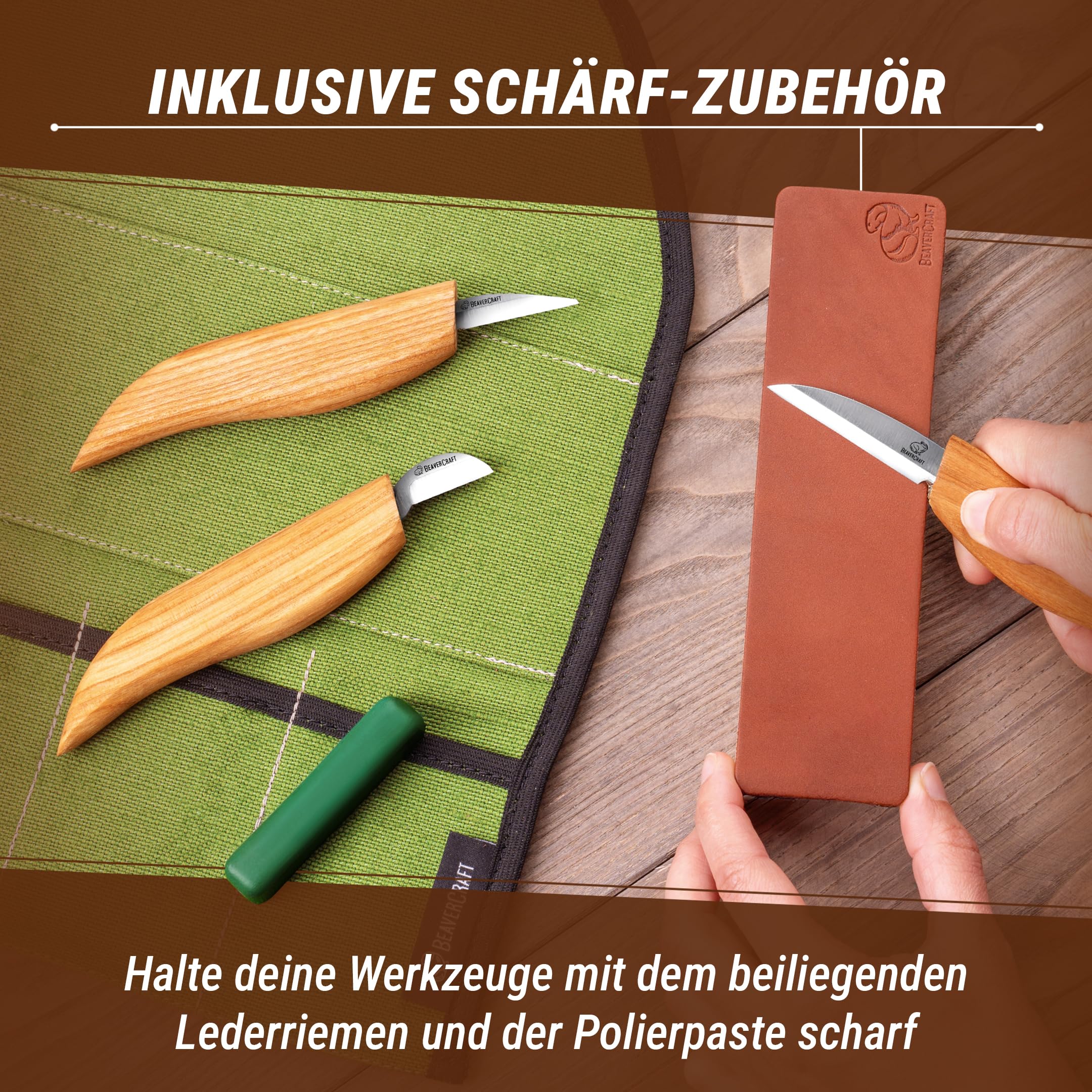BeaverCraft Holzschnitzmesser-Set S15, Schnitzset für Anfänger, Kinder – Holzschnitzwerkzeug-Set mit detailliertem Spanmesser, Sloyd-Schnitzmessern und Lederstreichriemen, Poliermittel und Tutorials